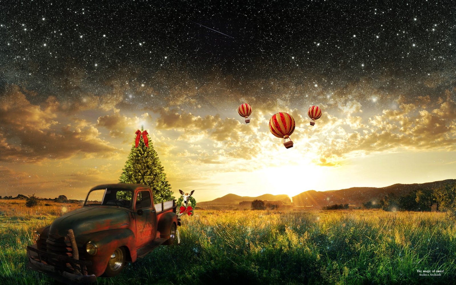 red pickup truck with Christmas tree on field wallpaper car