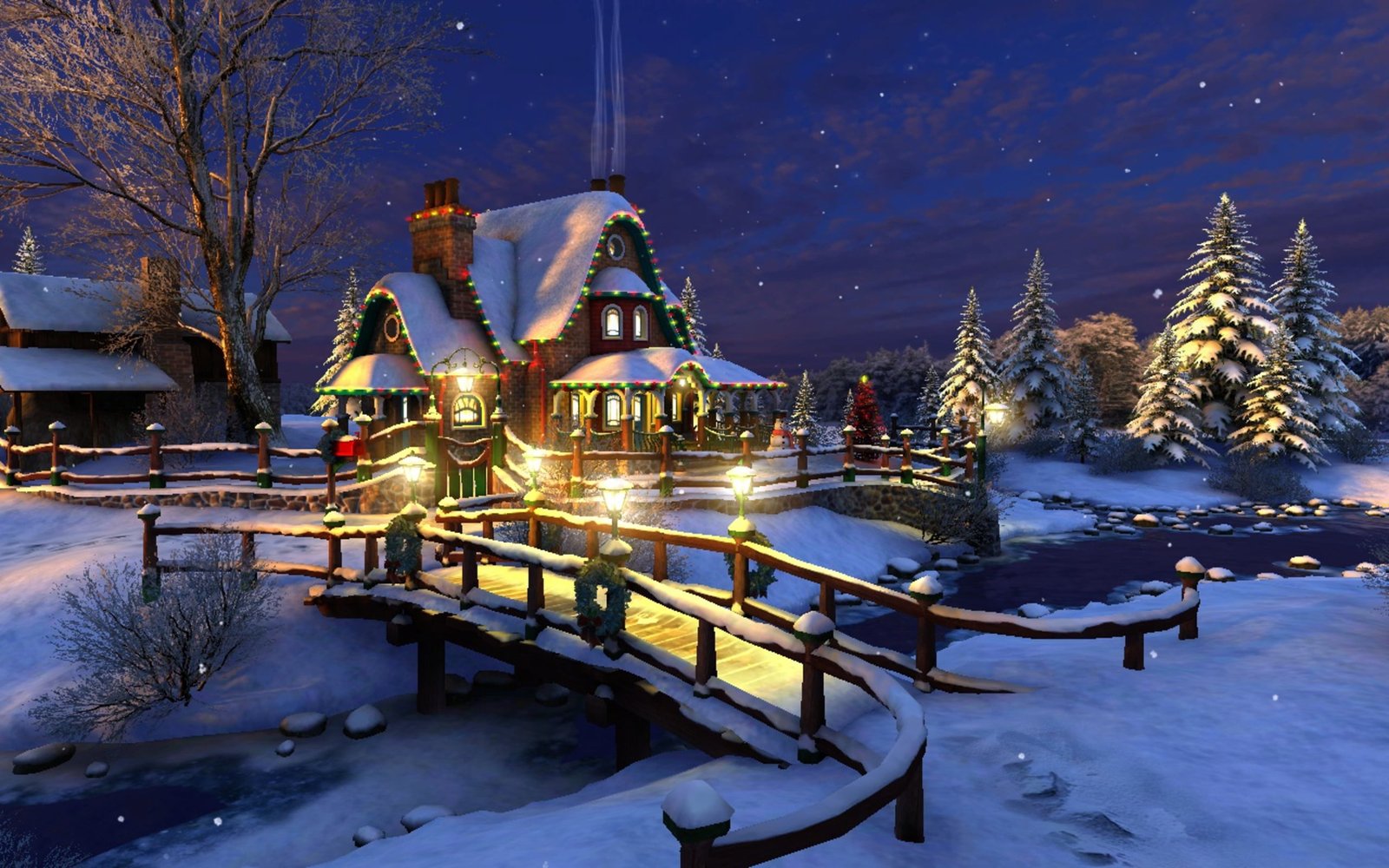 brown house illustration winter stars snow decoration night 2k