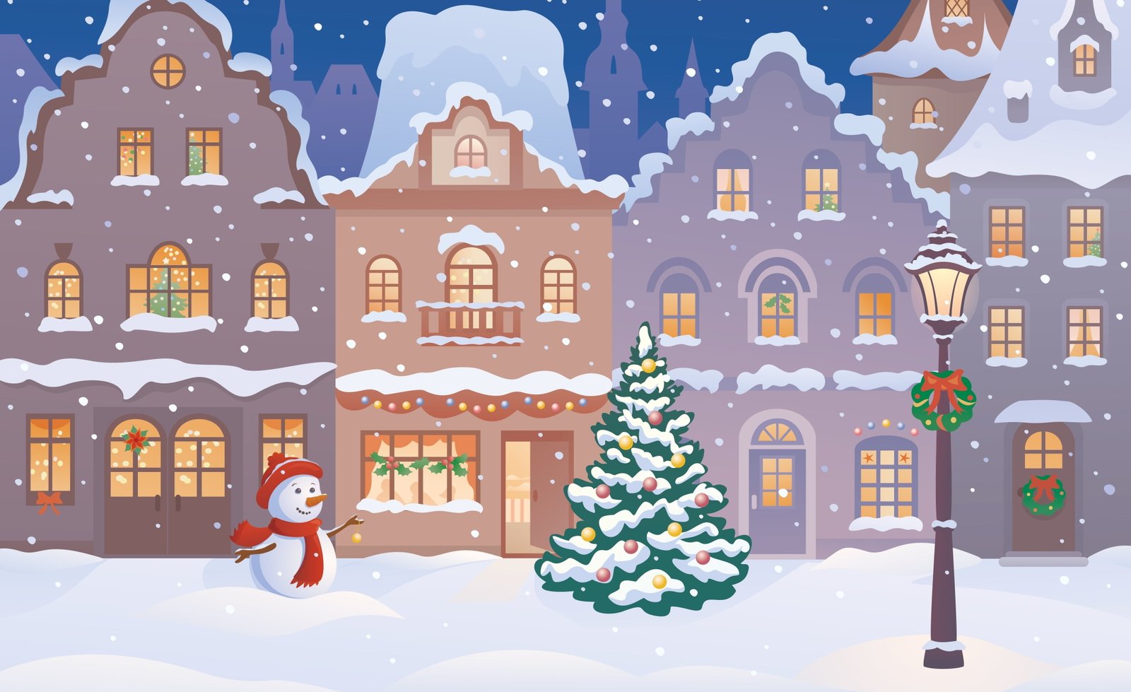 snowman and Christmas tree illustration winter city the 2k