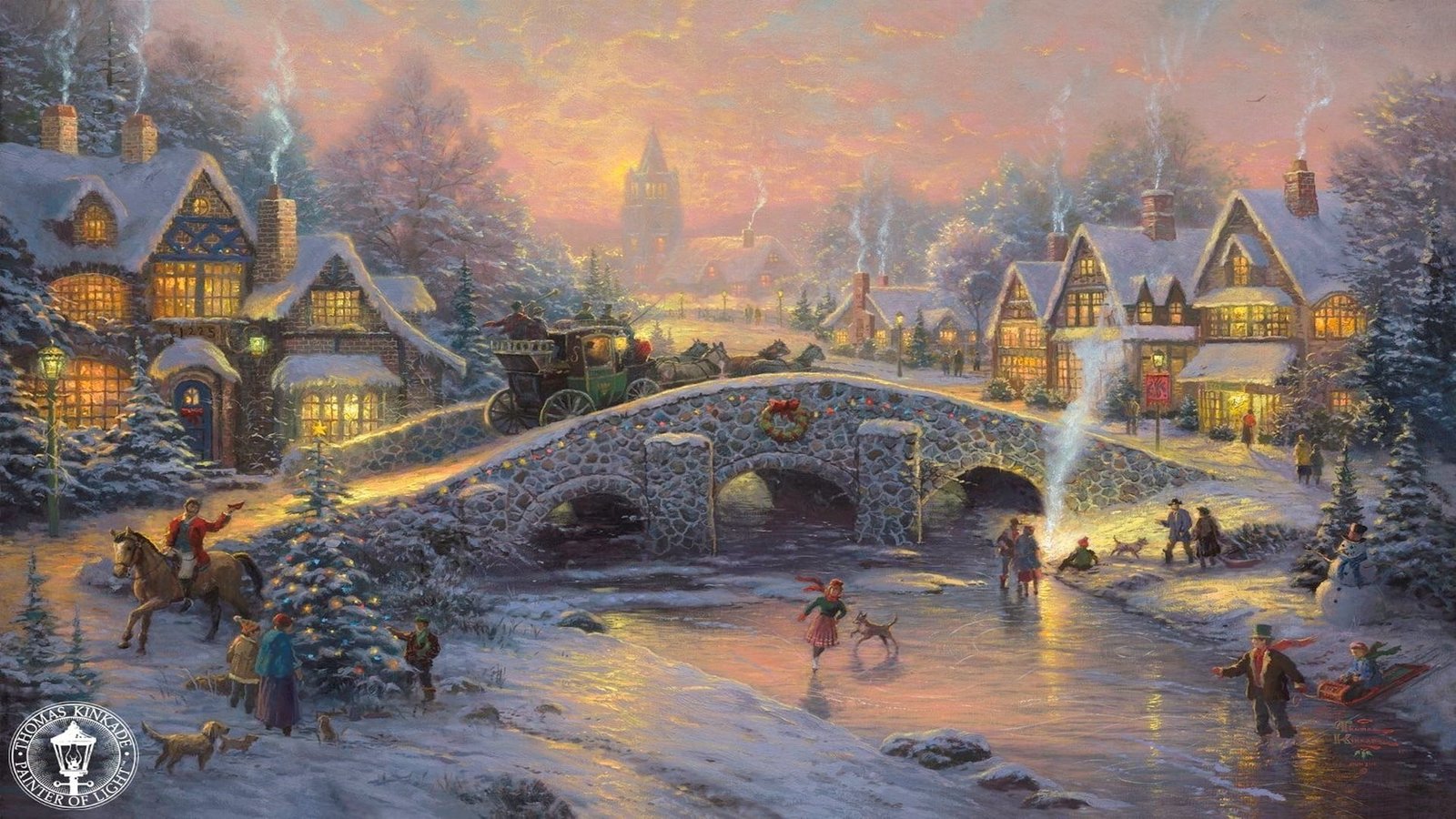 frozen river painting bridge tree horses ice coach rink