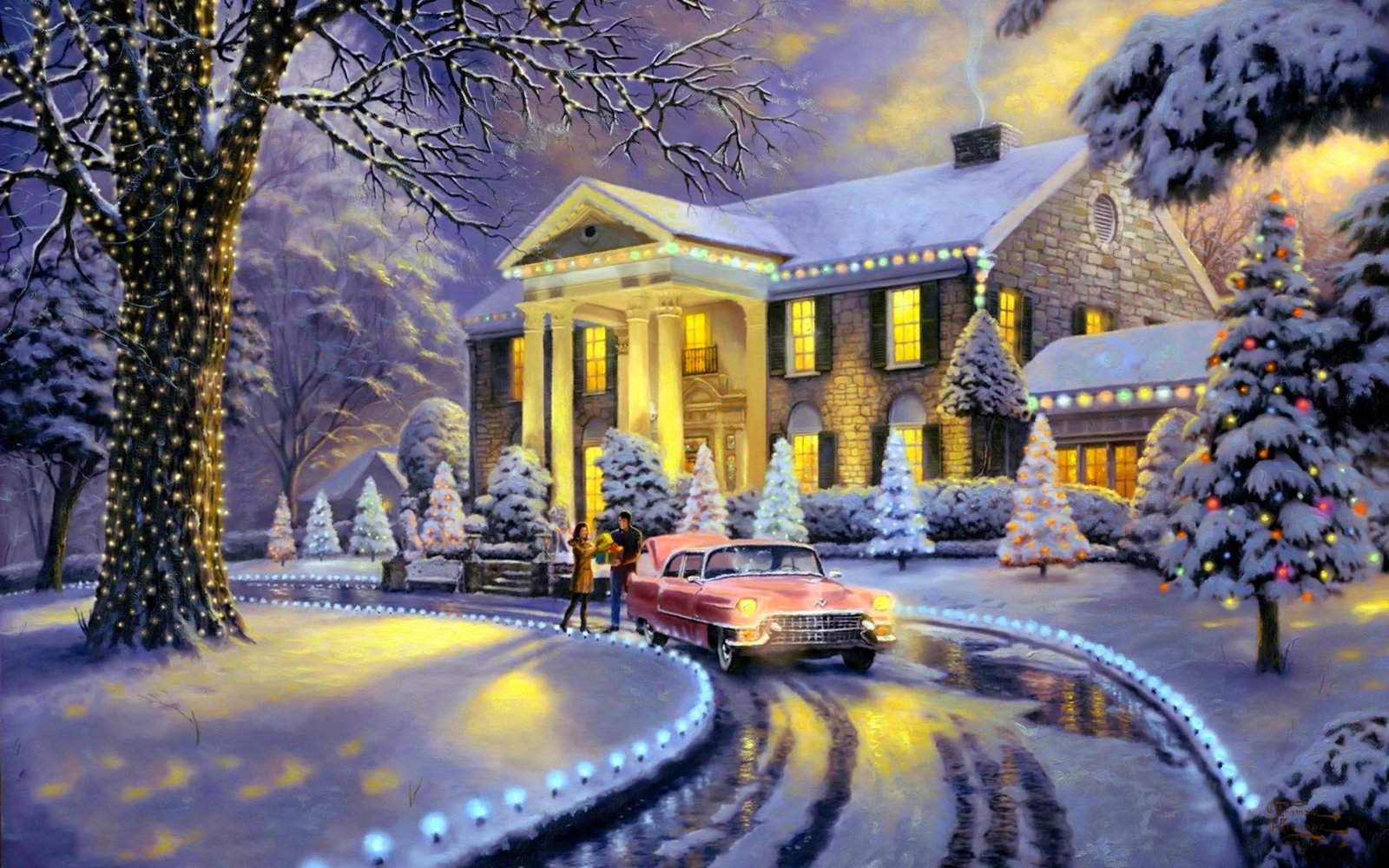 Home For Christmas lights lovely vintage present house snow