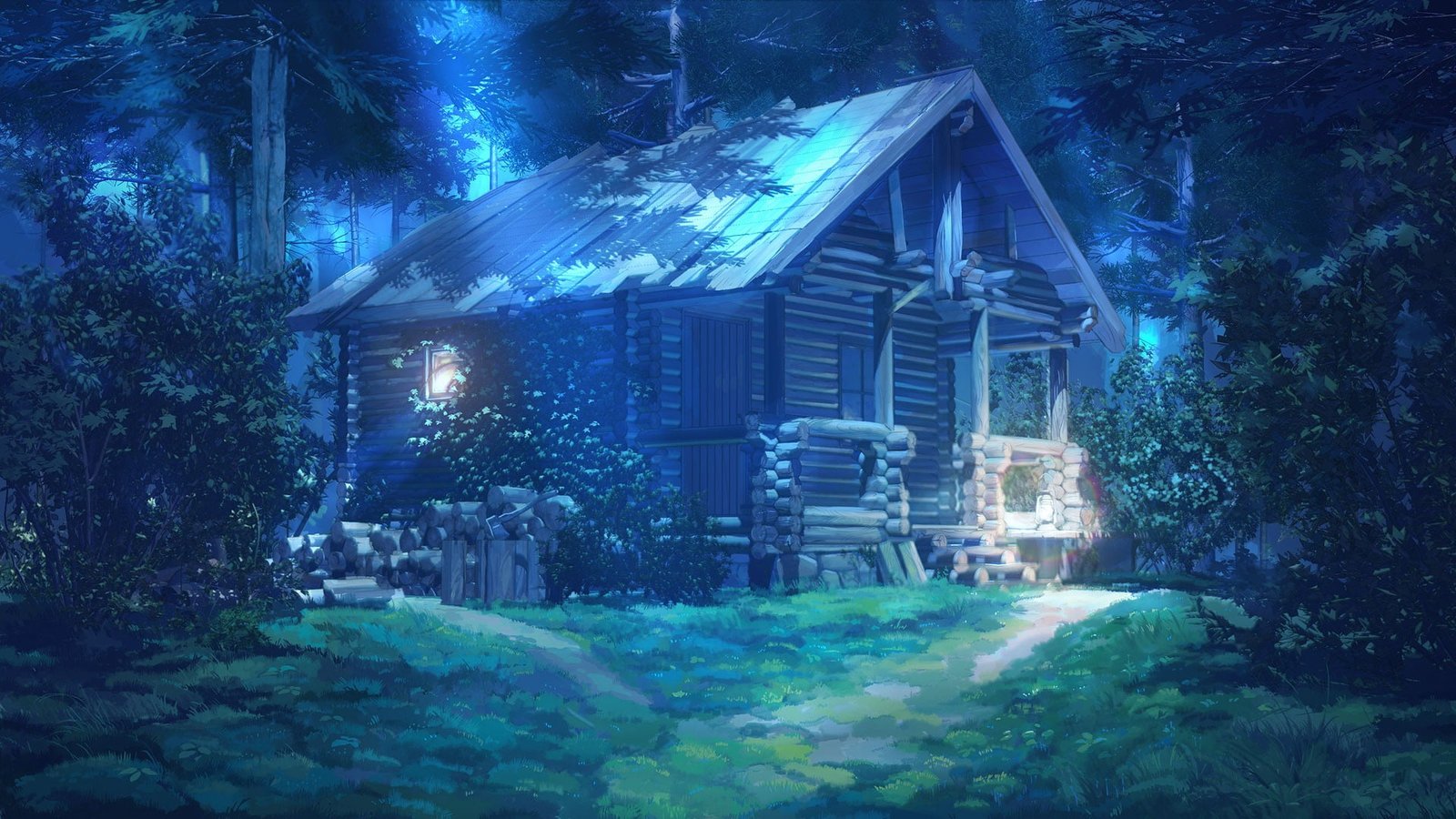 brown and blue cabin surrounded with trees wallpaper Everlasting Summer