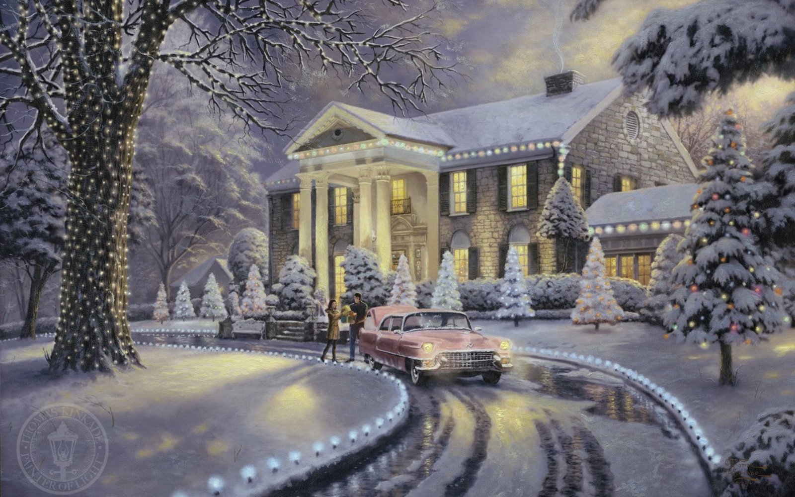 pink Chevy Bel Air frost car machine snow lights house