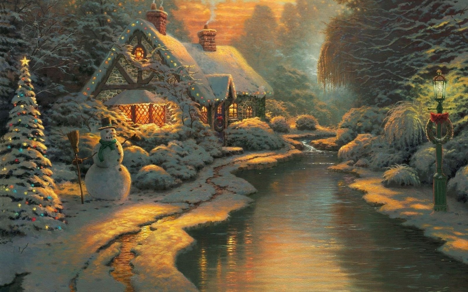 riverside cabin illustration Christmas postcard Thomas Kinkade 88