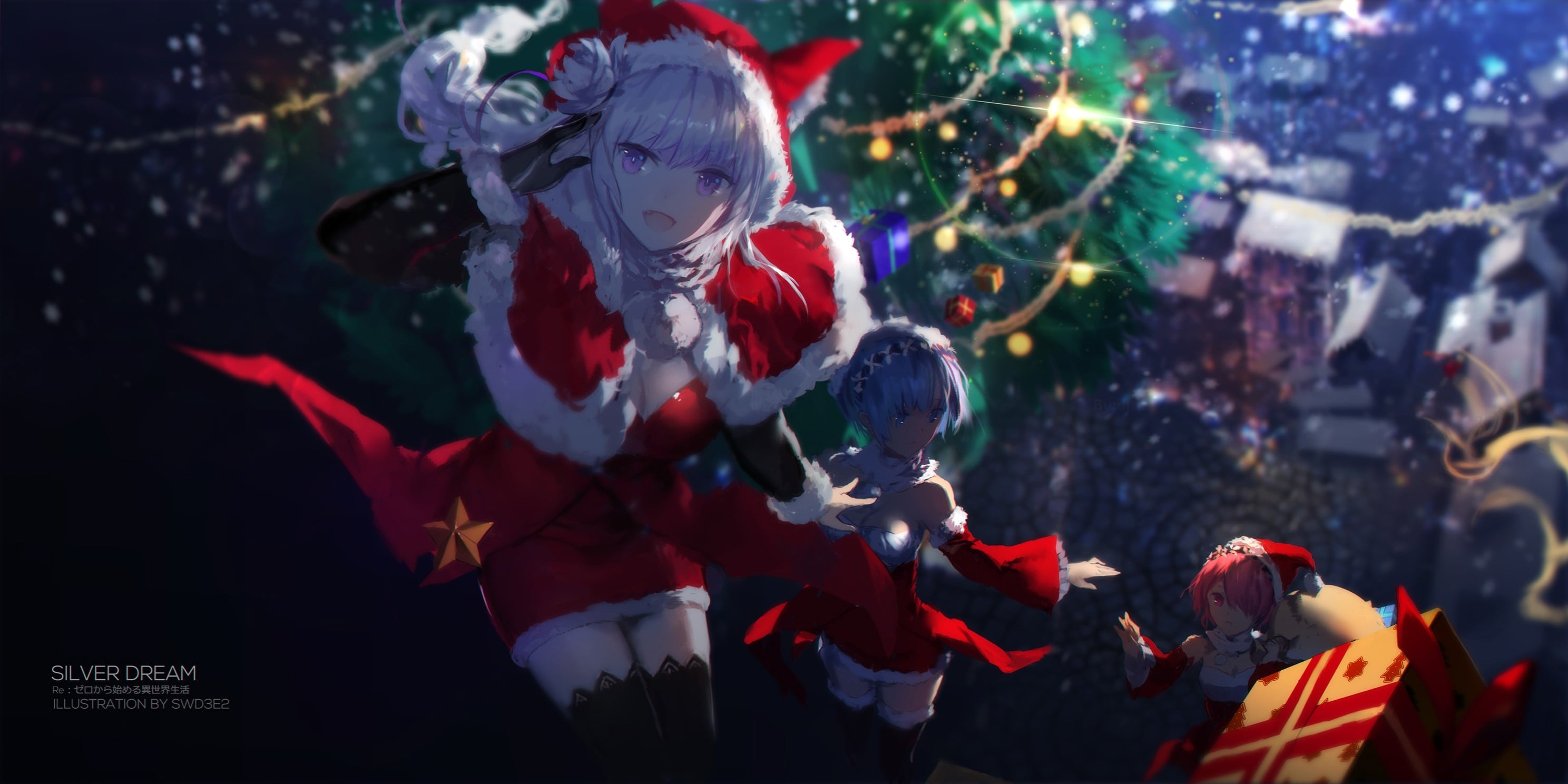white haired woman digital wallpaper Christmas cleavage Emilia Re Zero 2k