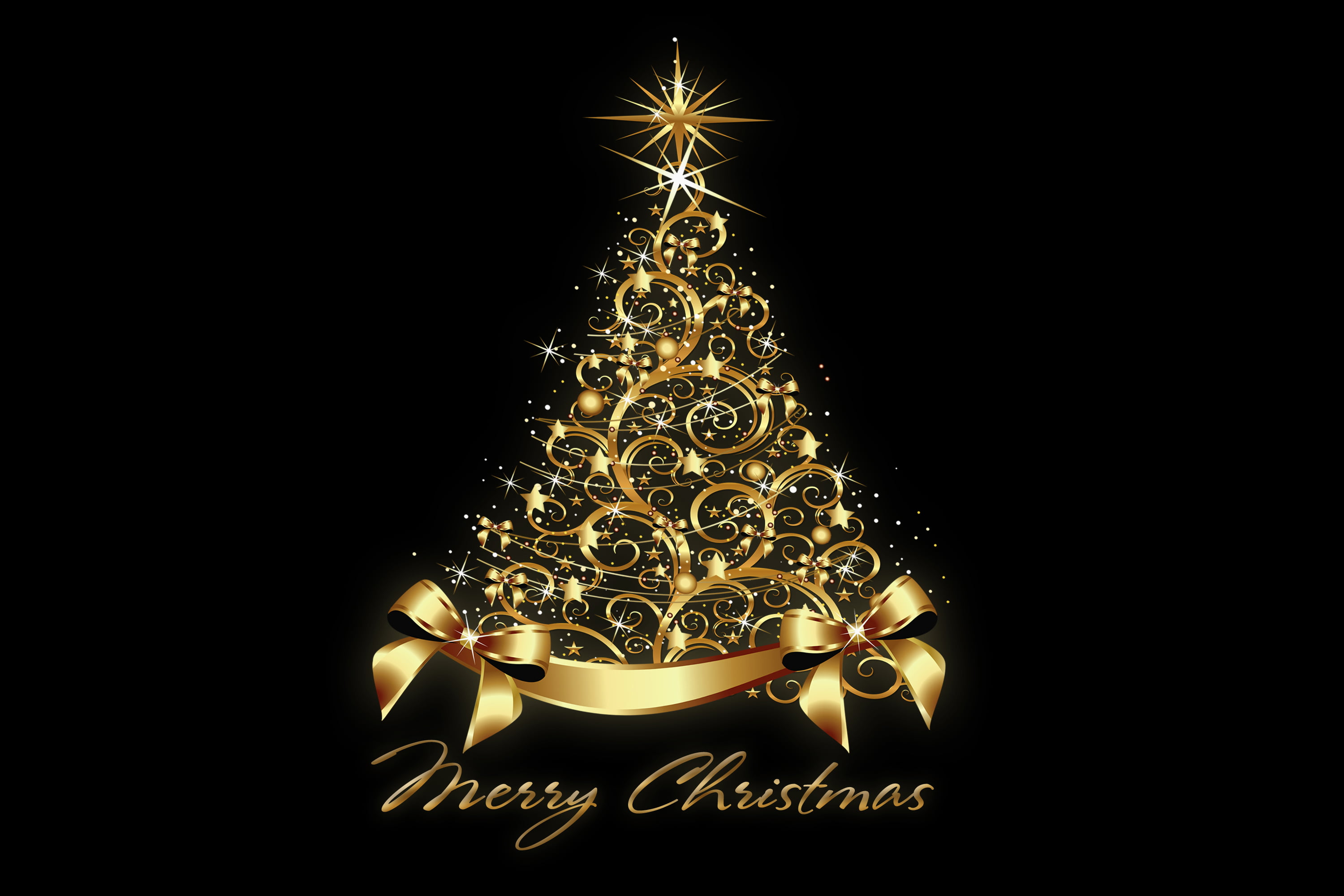 Merry Christmas text tree New Year golden xmas celebration 2k
