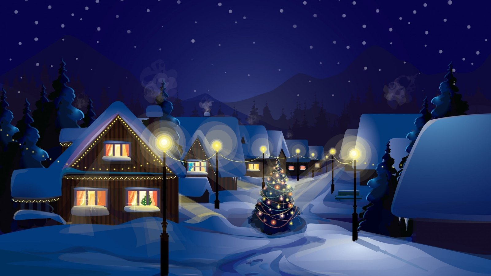 brown wooden house lot illustration Christmas village Tree 2k
