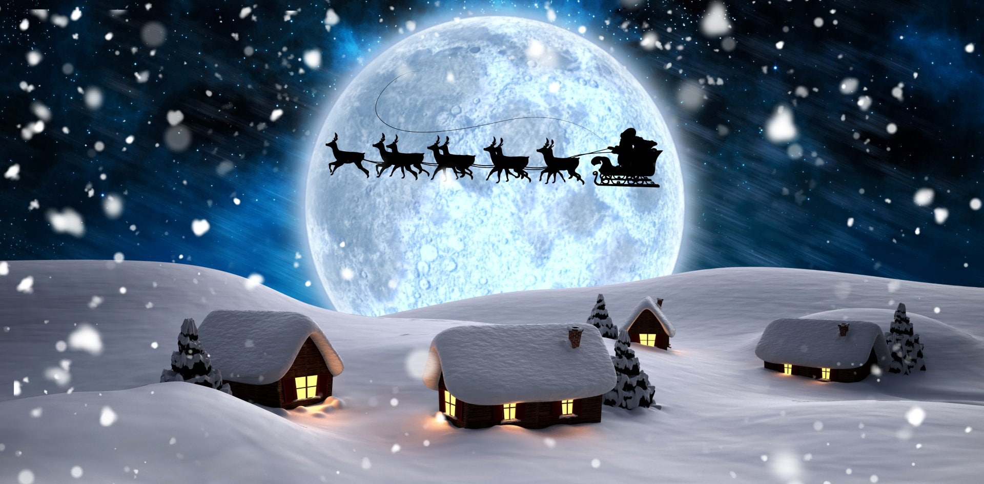 Holiday Christmas House Moon Night Reindeer Santa Silhouette