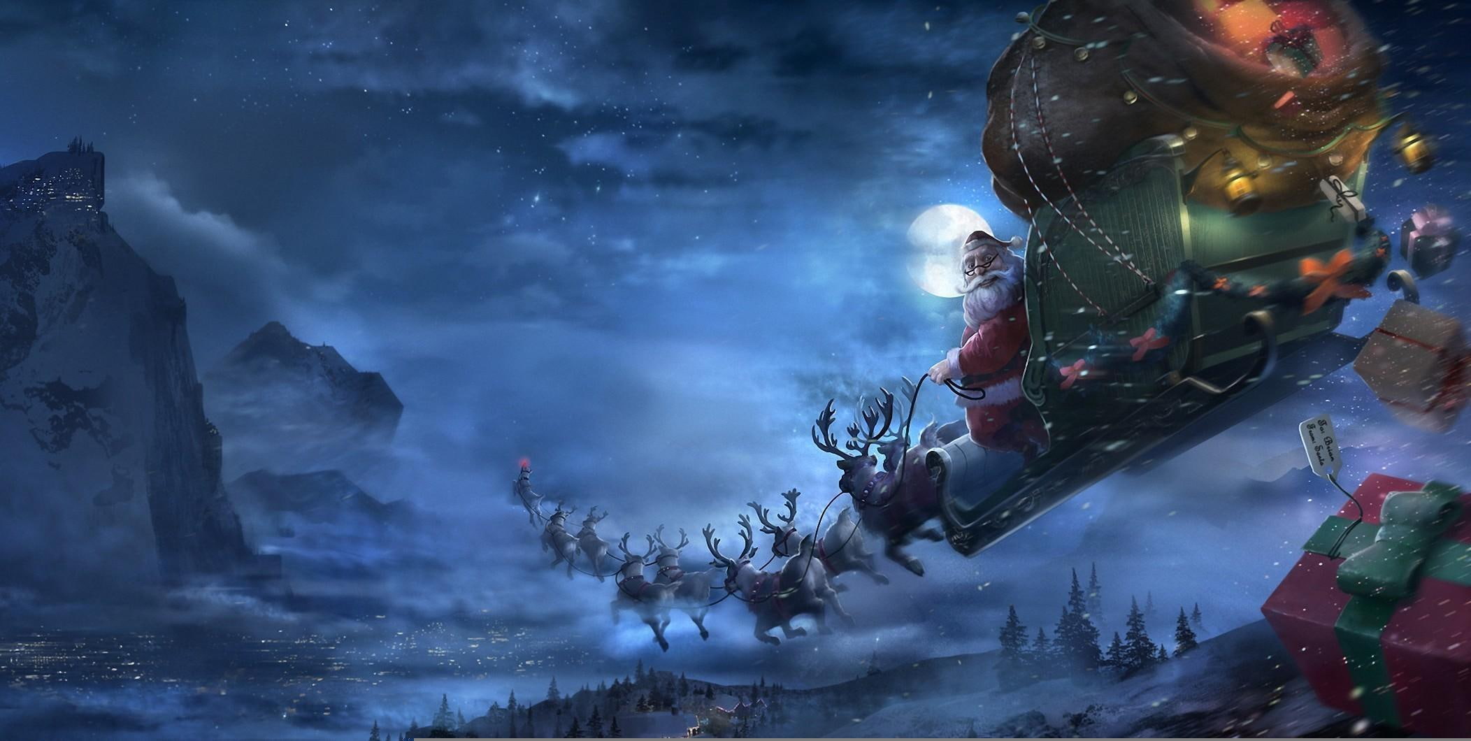 santa claus reindeer sleigh flying gifts christmas 2k