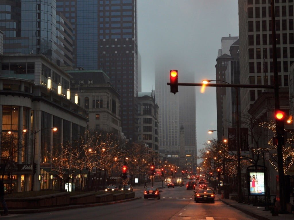 black traffic light city street New York City mist lights