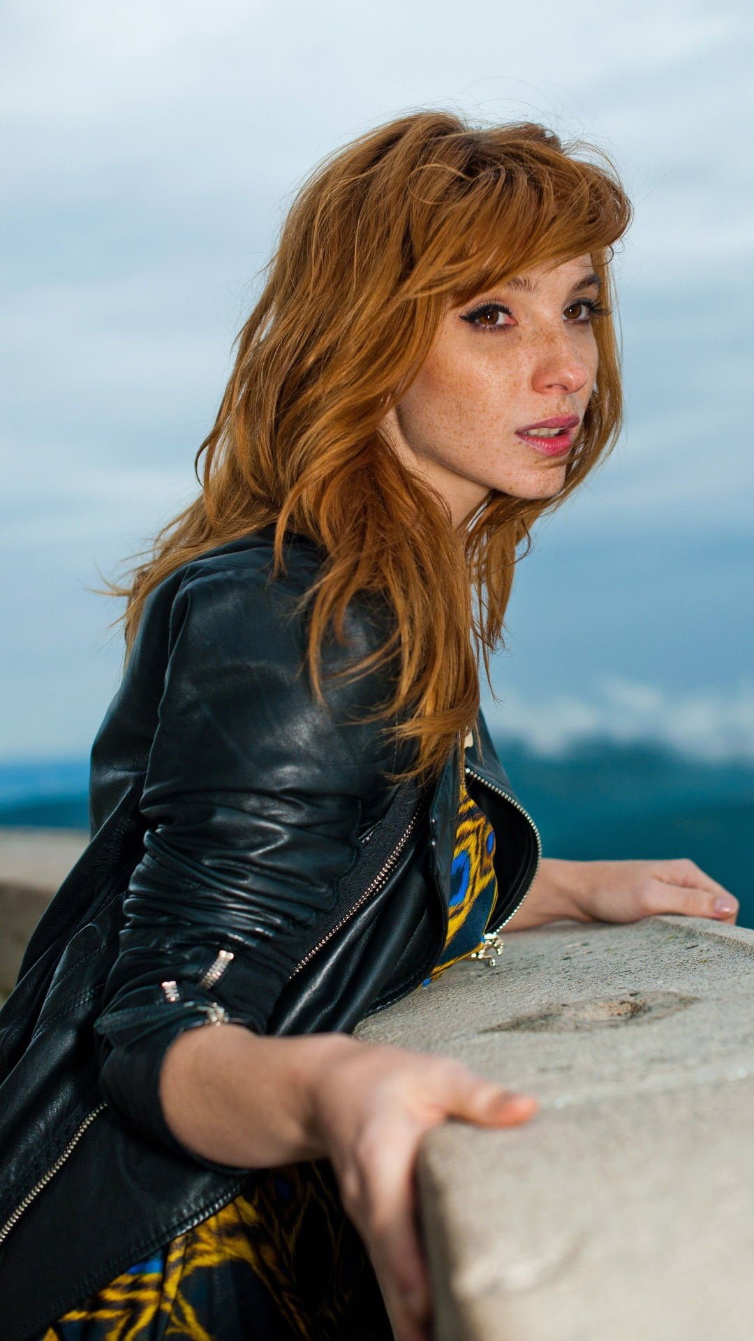 women's black leather jacket actress redhead long hair Vica Kerekes