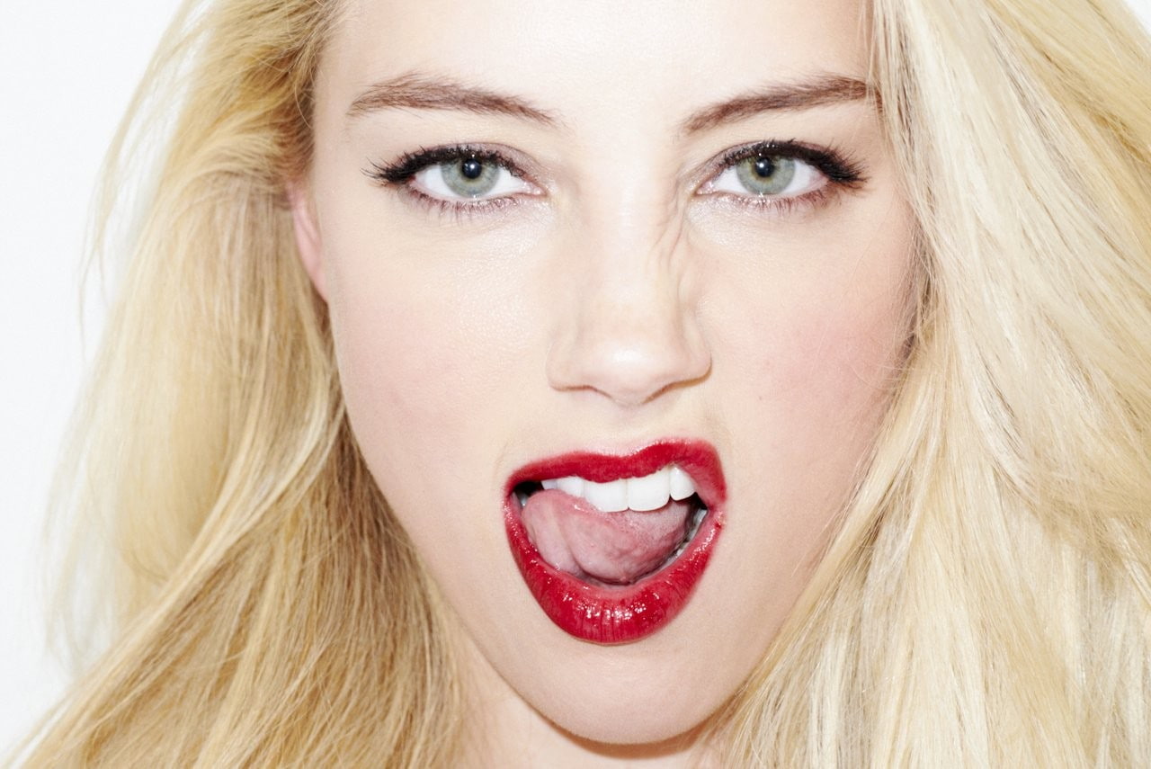 Amber Heard portrait tongues model mouths face makeup