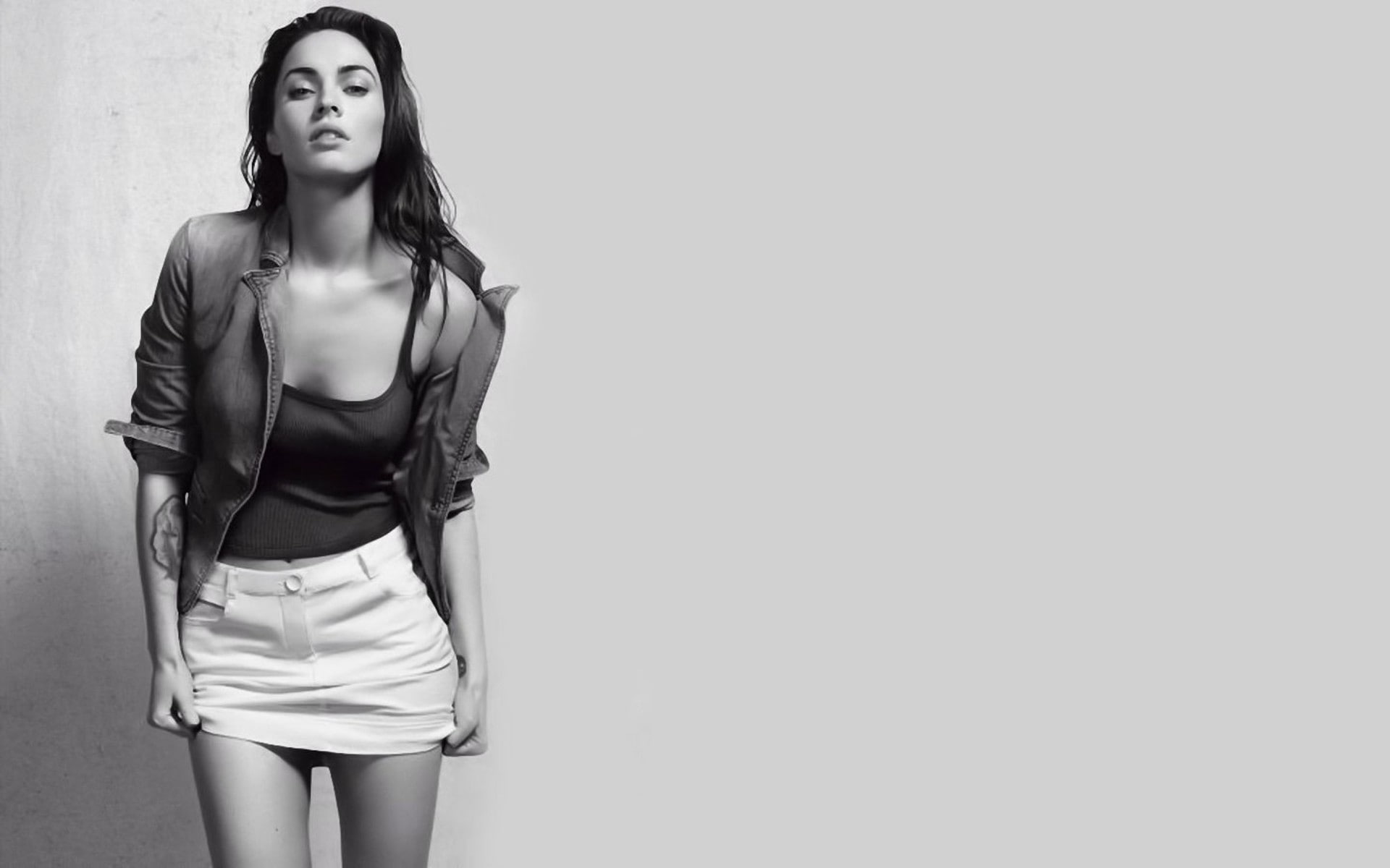 brunettes legs women eyes dress megan fox actress models skirts jackets monochrome faces body People Actresses HD Art