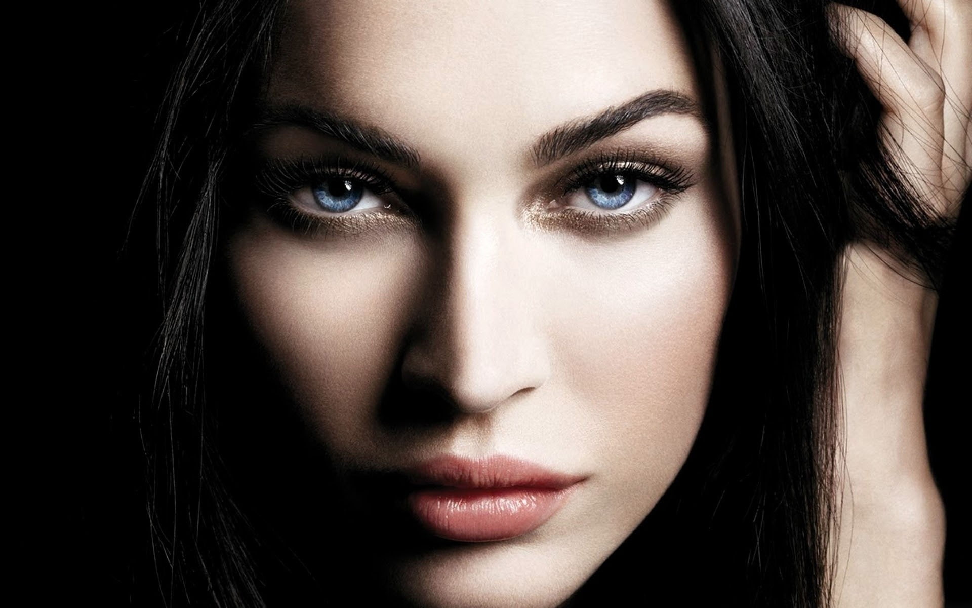 brunettes women eyes megan fox blue actress celebrity faces People Actresses HD Art
