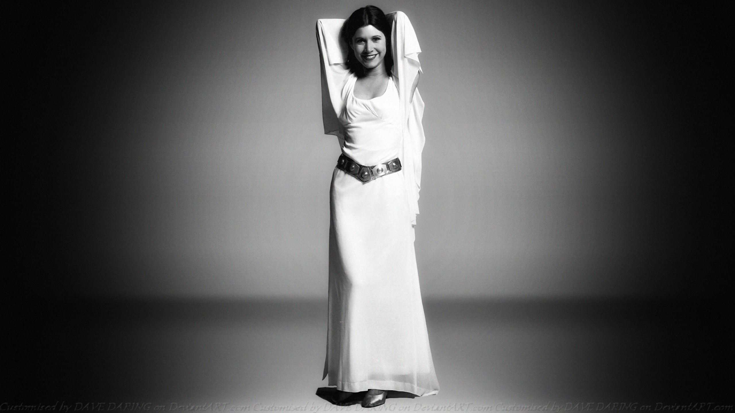 Carrie Fisher Star Wars women monochrome arms up Princess Leia 2k