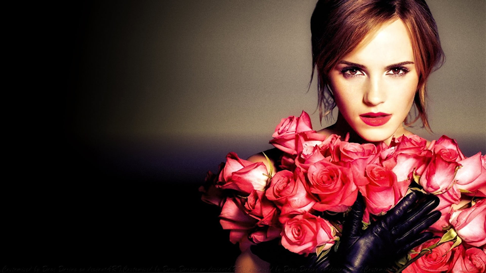 Emma Watson gloves hazel eyes rose looking at viewer flowers