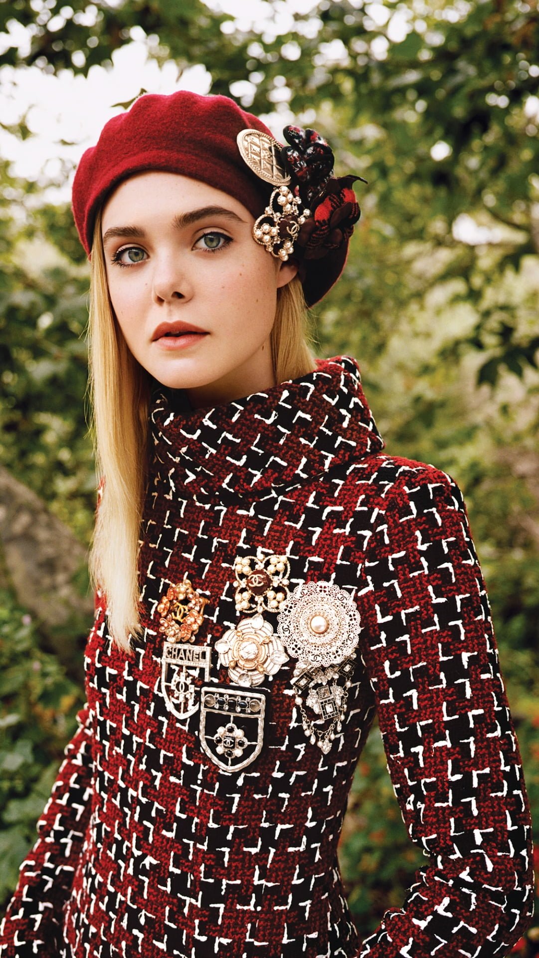 Elle Fanning women's red black and white long sleeved top