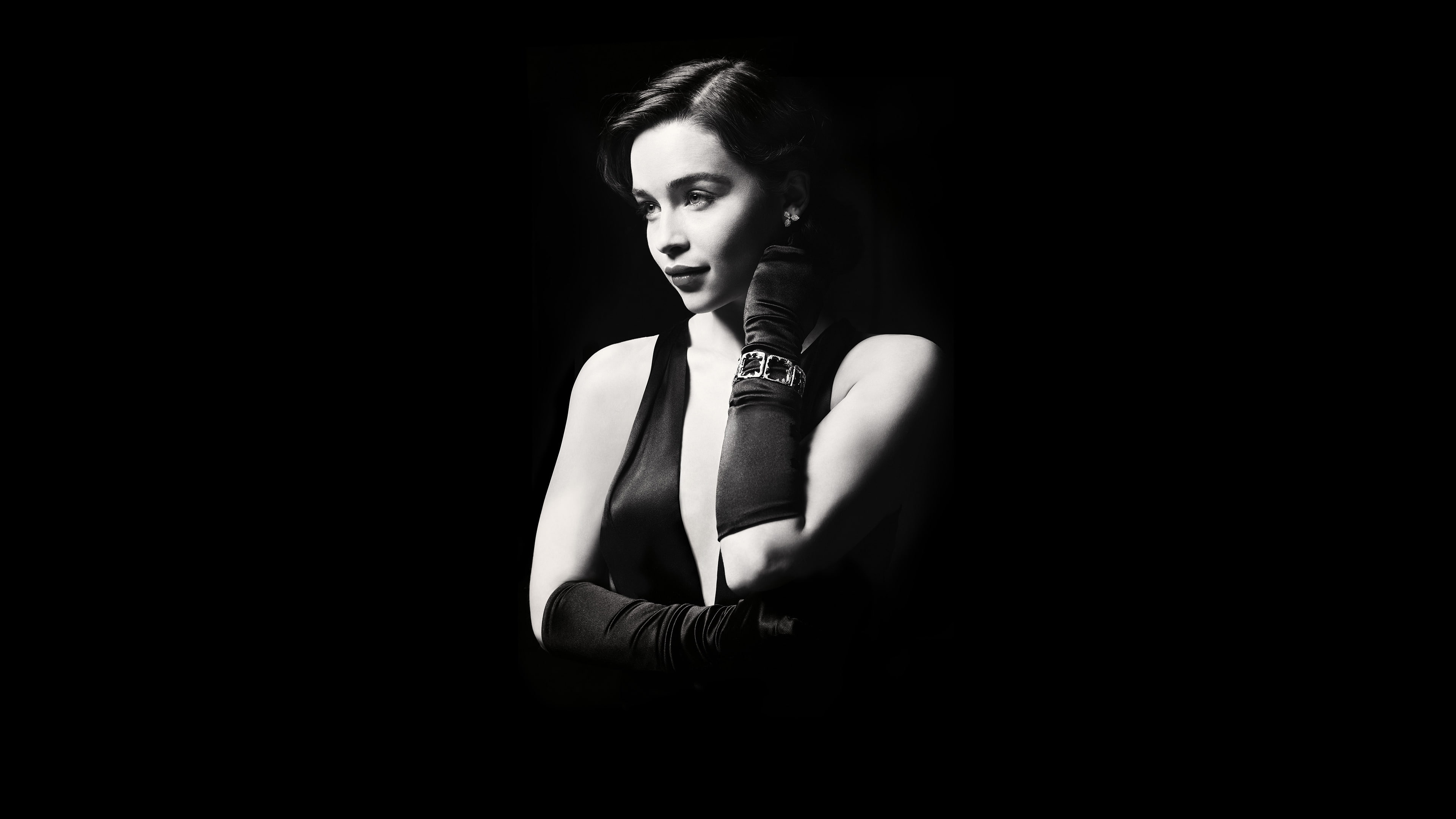 Emilia Clarke Black White gray scale photo of a woman in black tank top dress 2k