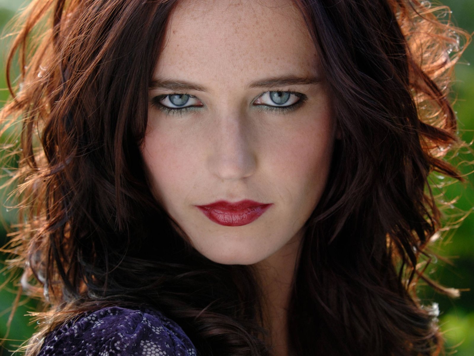 Eva Green actress face makeup red lipstick women portrait