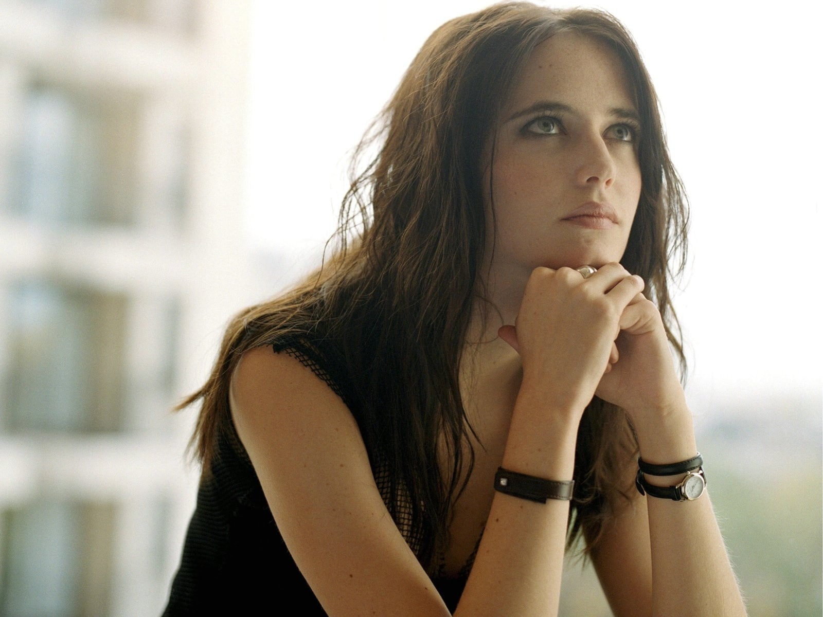 Eva Green women actress brunette thinking looking into the distance