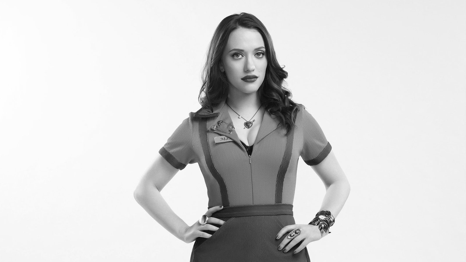 Kat Dennings actress monochrome dark hair lipstick hands on hips