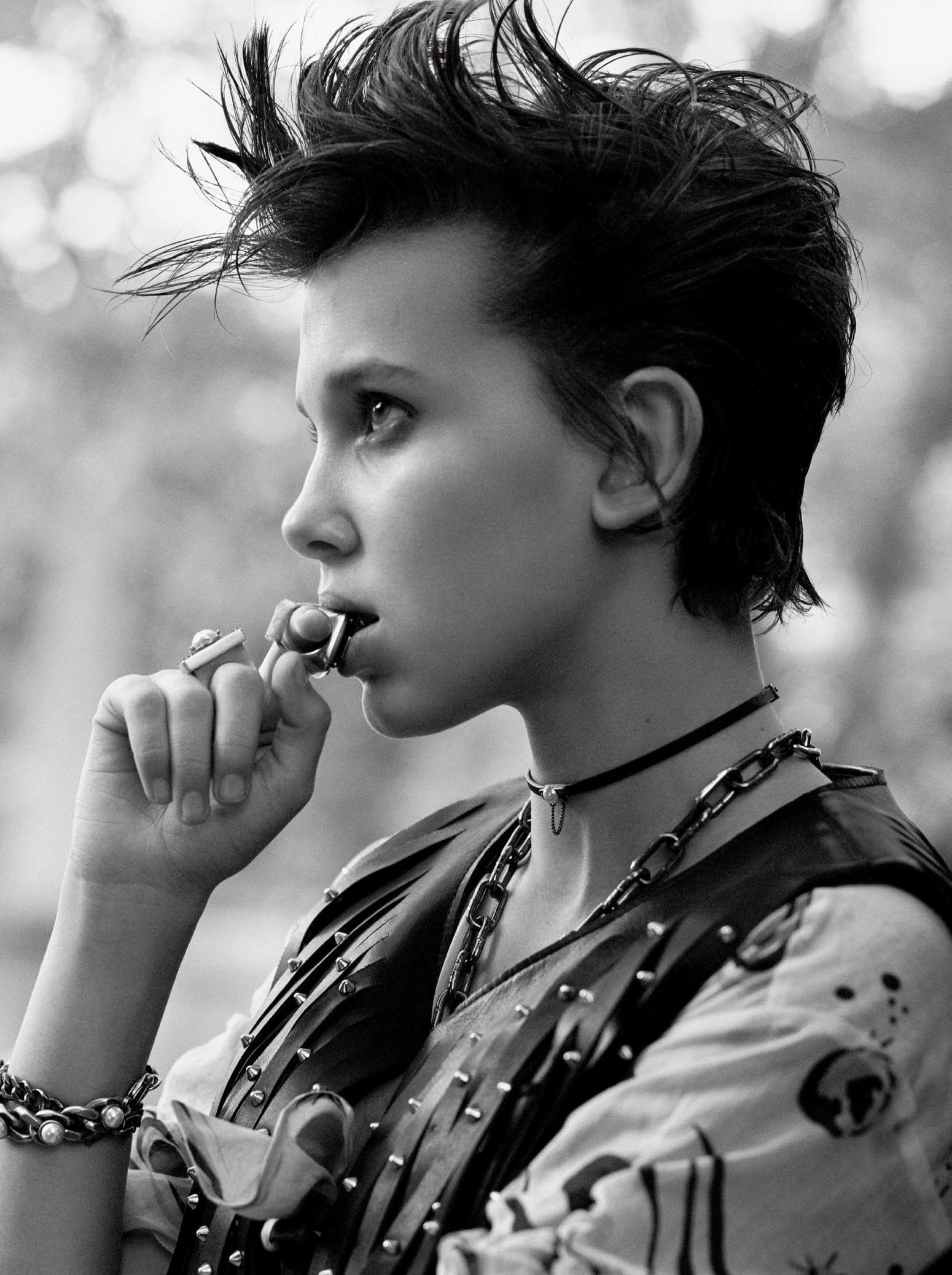 monochrome Millie Bobby Brown profile actress dark hair
