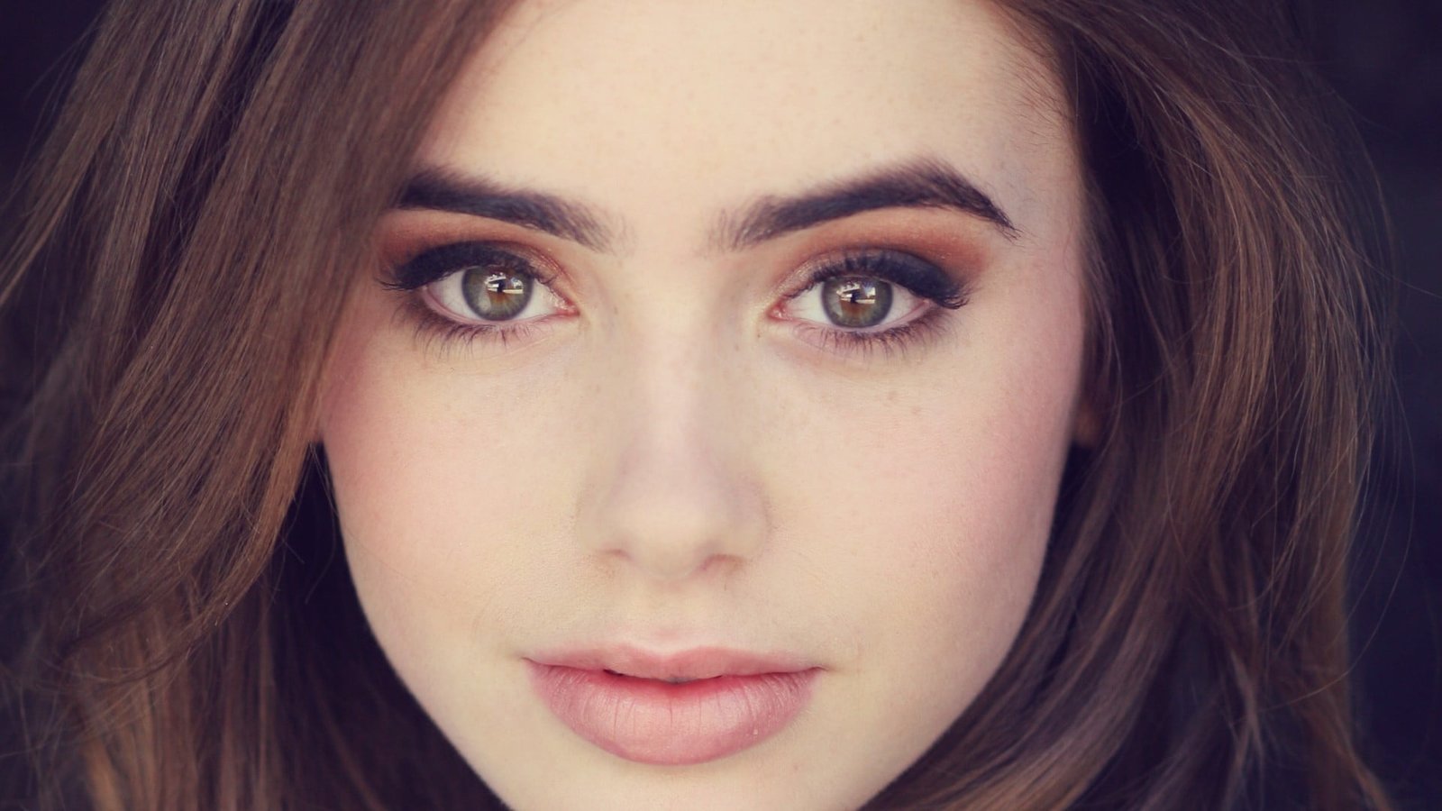 Lily Collins face brunette women closeup actress blue eyes