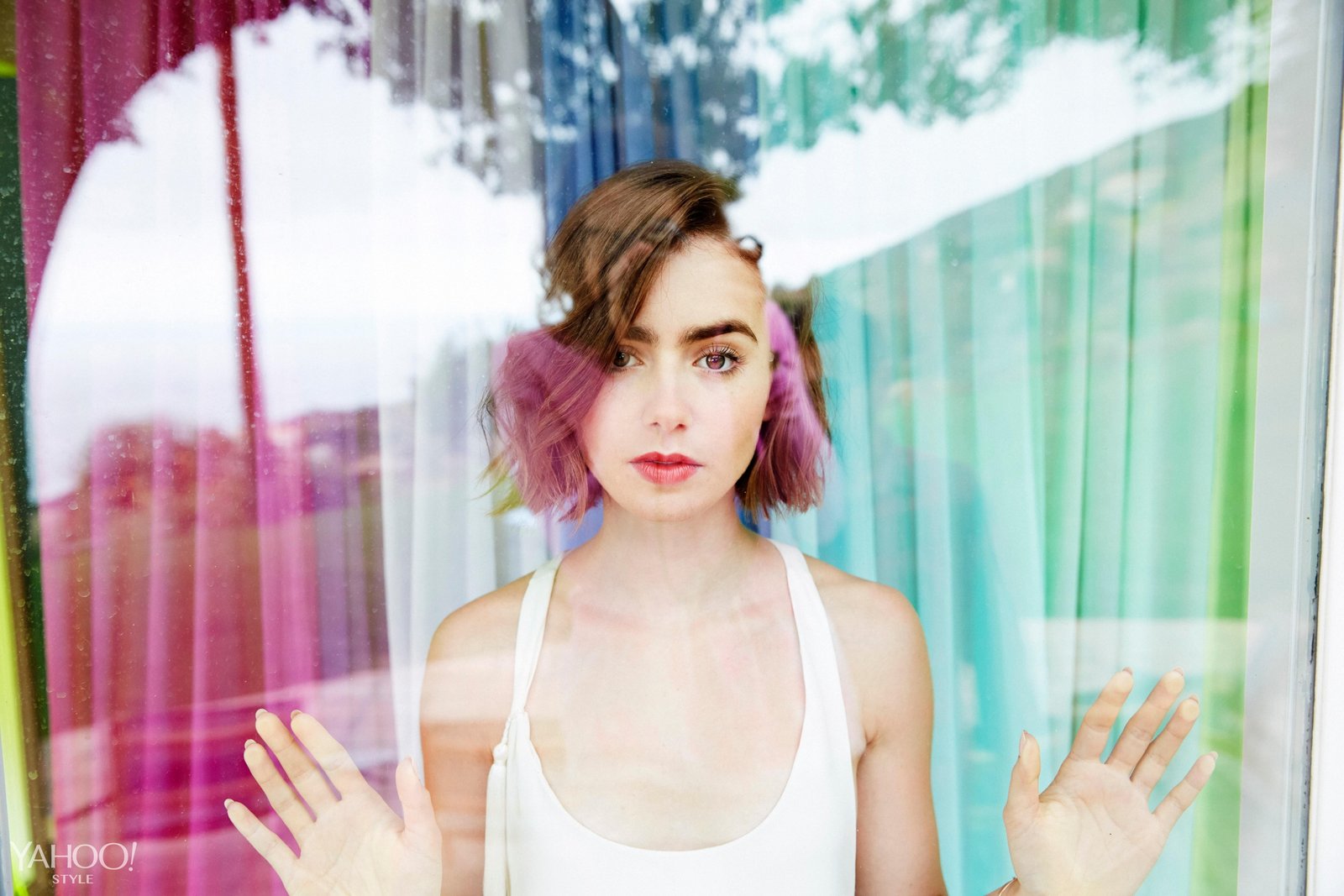 Lily Collins portrait women actress reflection brunette 2k 4k 5k
