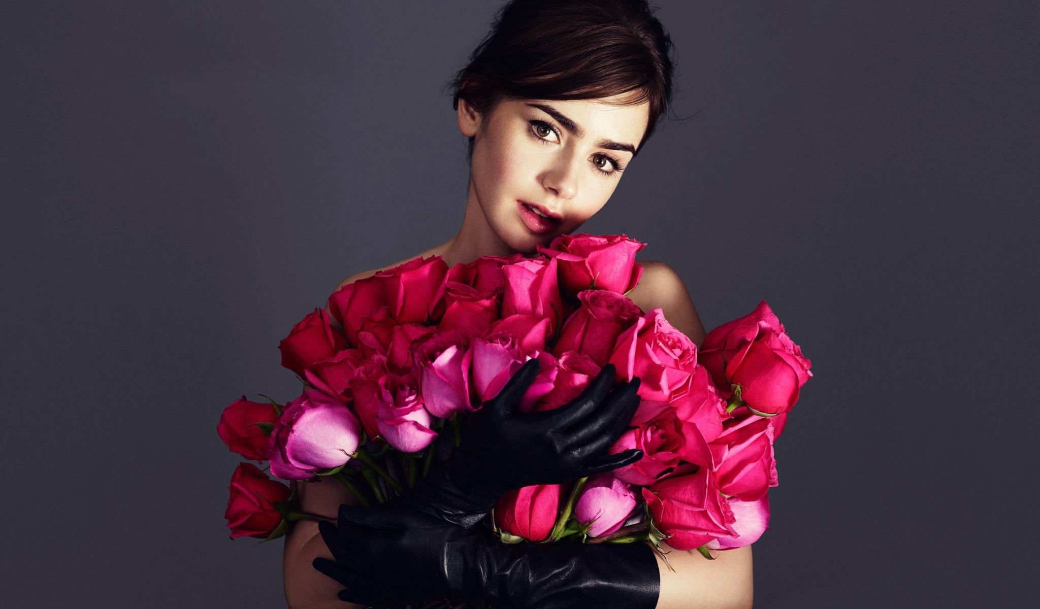 Lily Collins portrait women flowers black gloves roses 2k