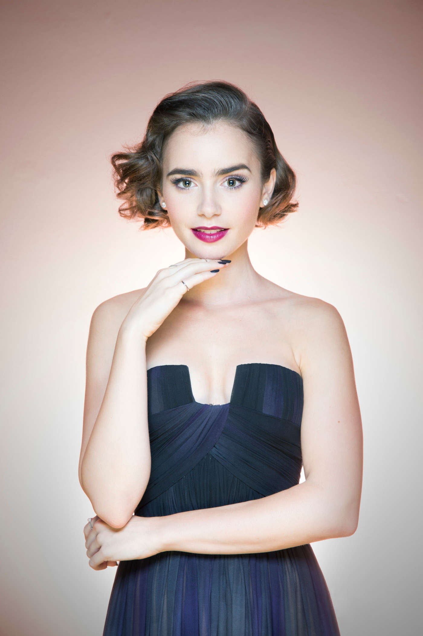 Lily Collins women actress portrait painted nails blue dress