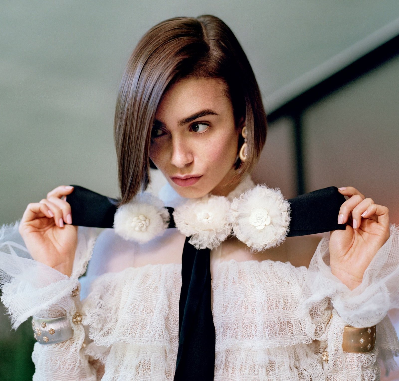 Lily Collins women actress white dress brunette short hair 2k