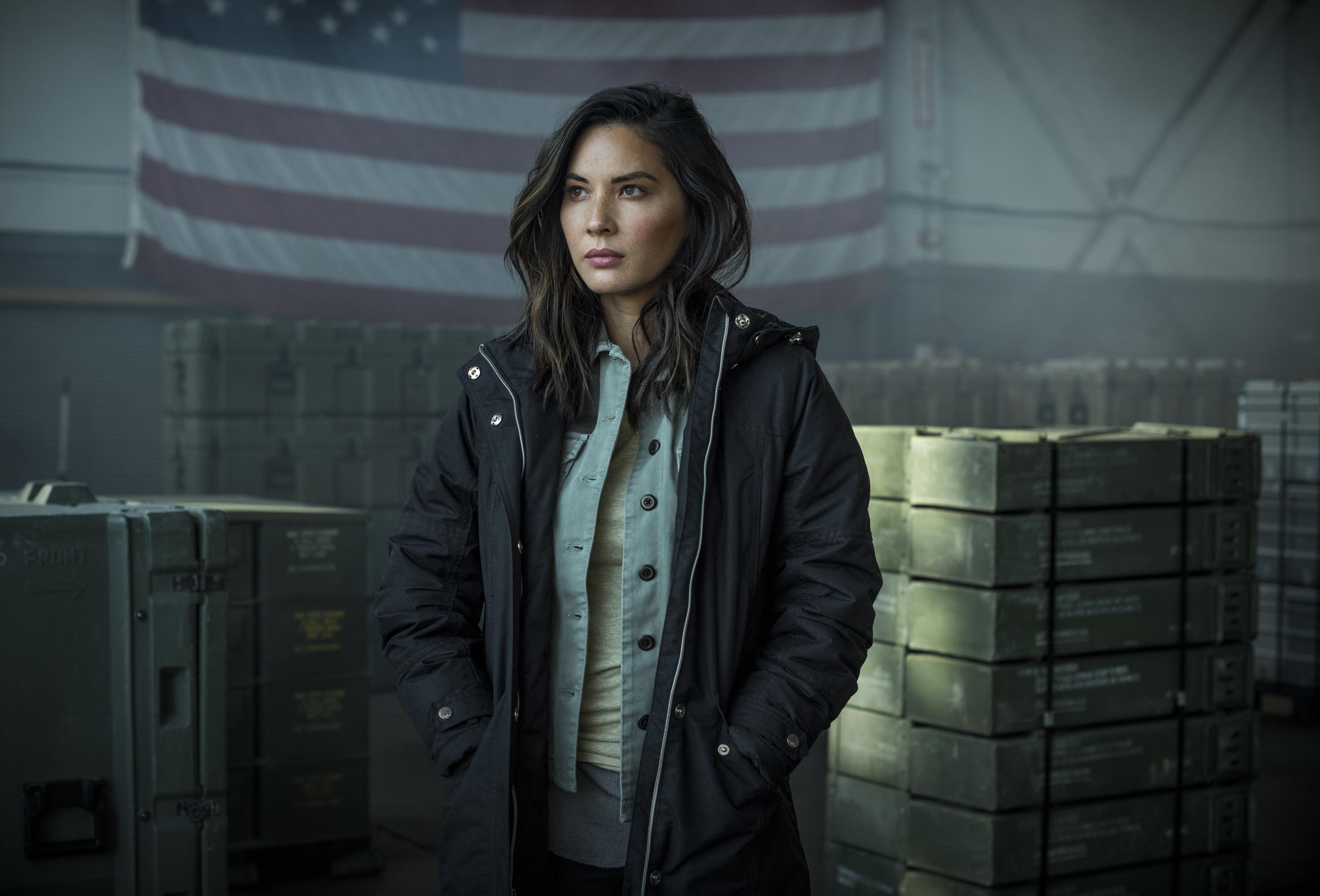 Olivia Munn women actress brunette indoors long hair American flag 2k 4k