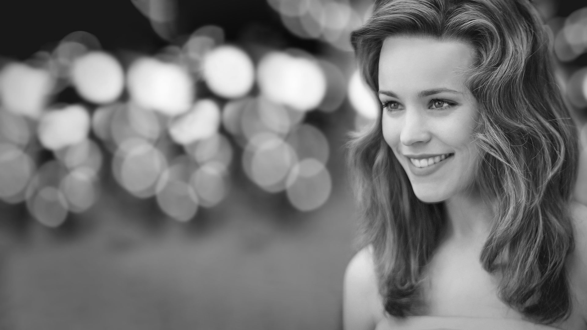 Rachel McAdams smiling lips eyes long hair monochrome