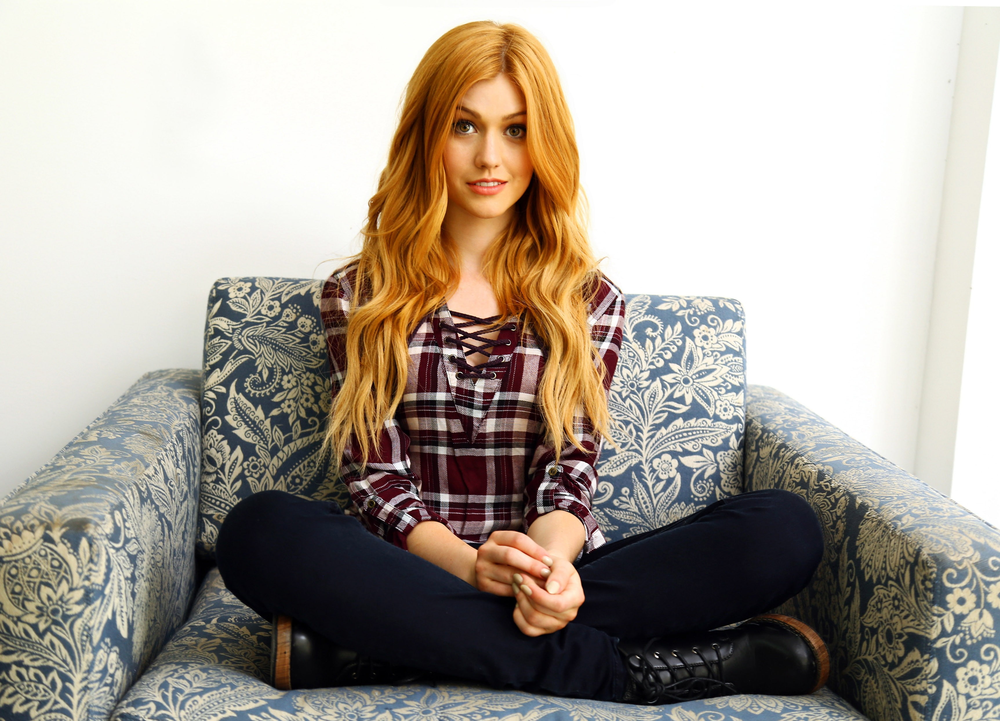 shirt women looking at viewer legs crossed Katherine Mcnamara 2k