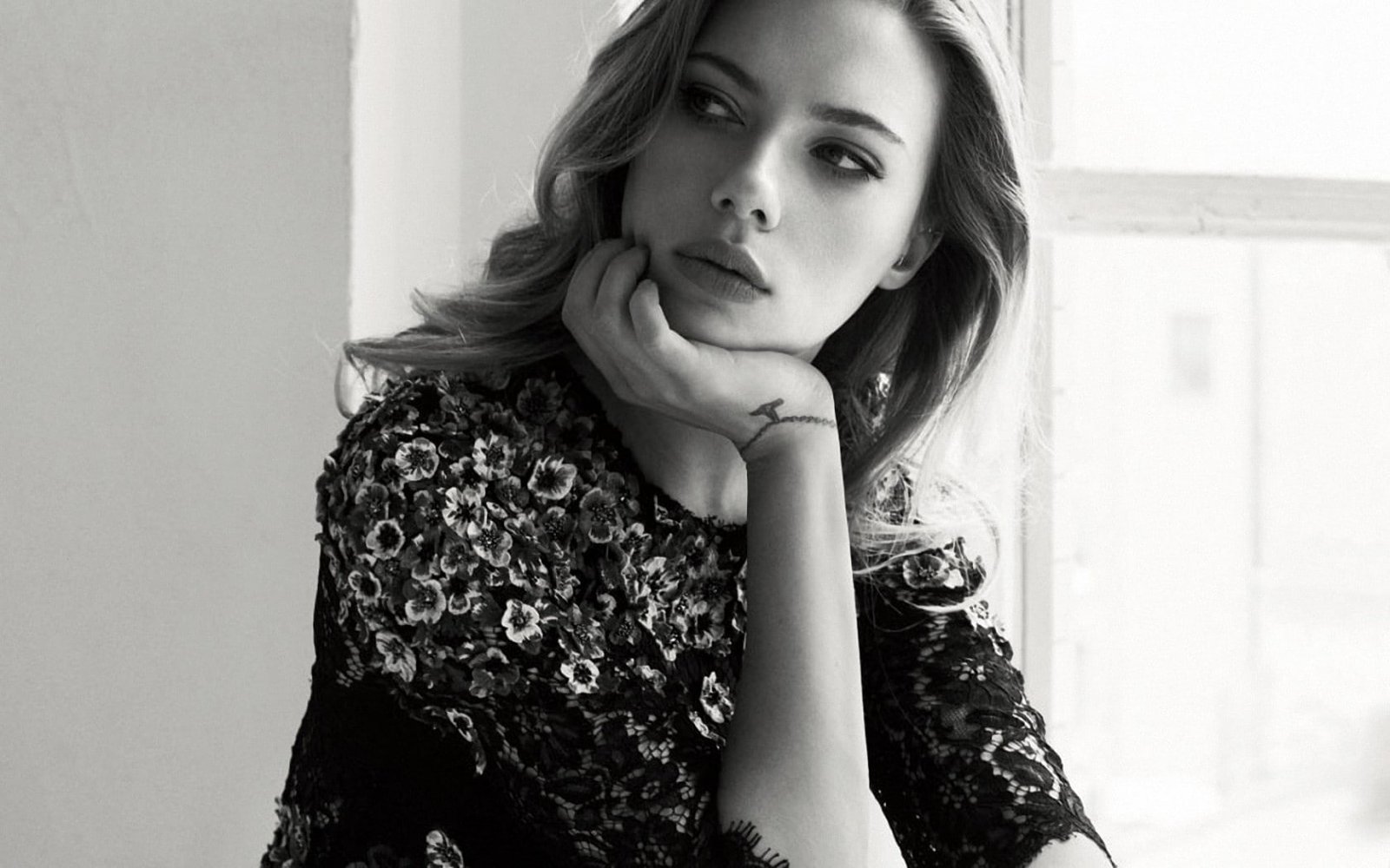 Scarlett Johansson actress portrait monochrome window face