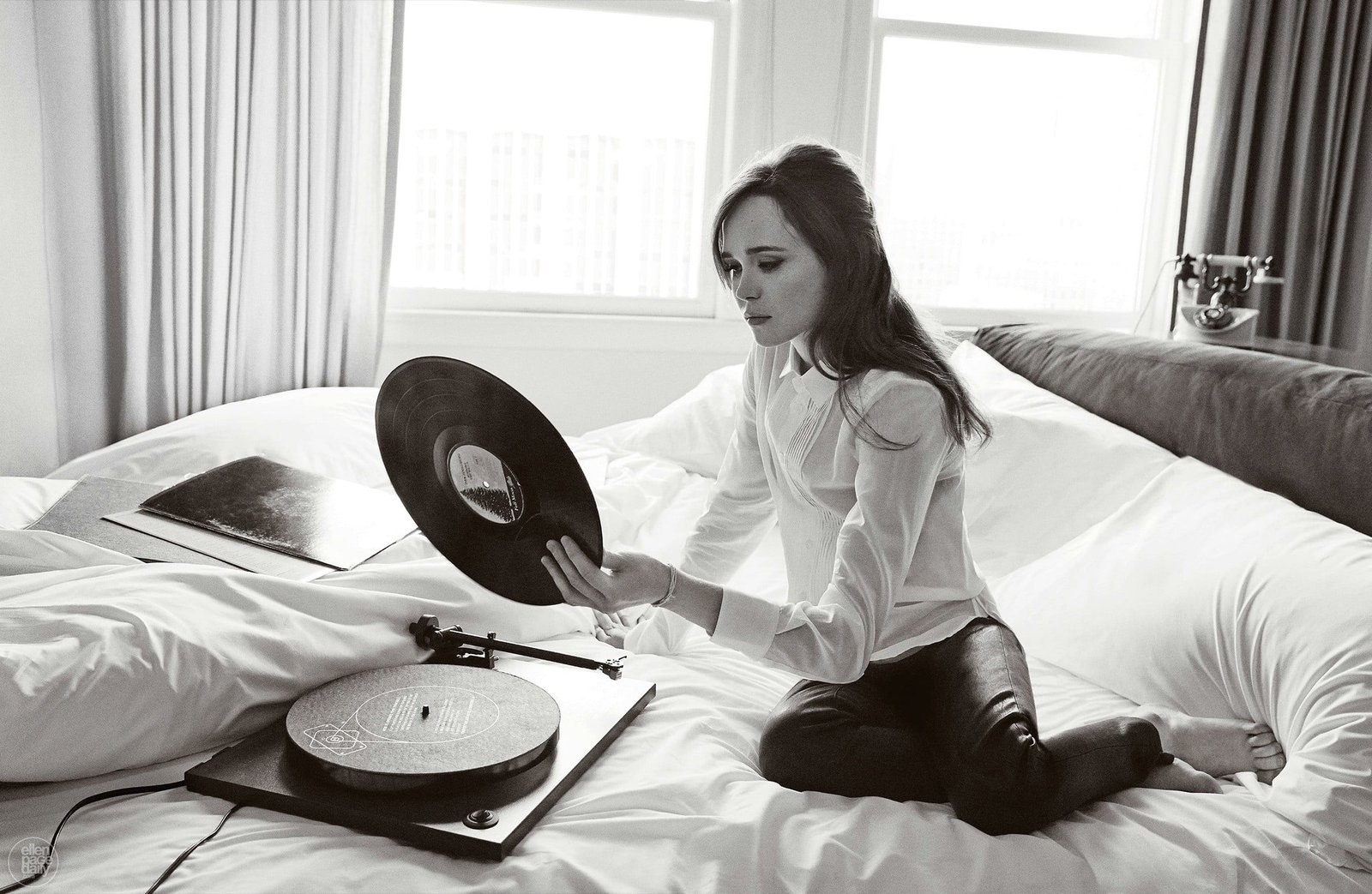 women actress brunette long hair monochrome sitting Ellen Page 2k