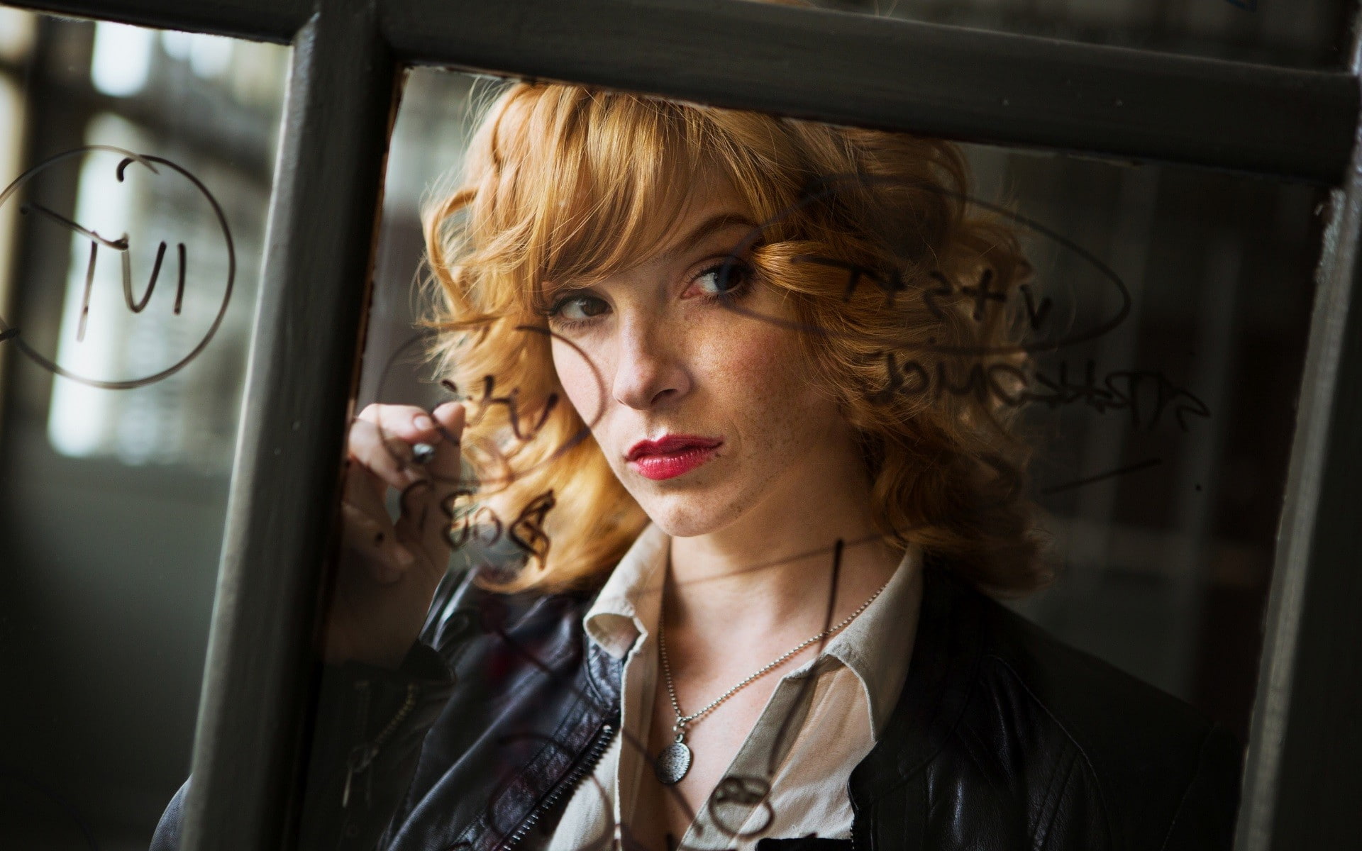 Vica Kerekes Clona women redhead freckles red lipstick