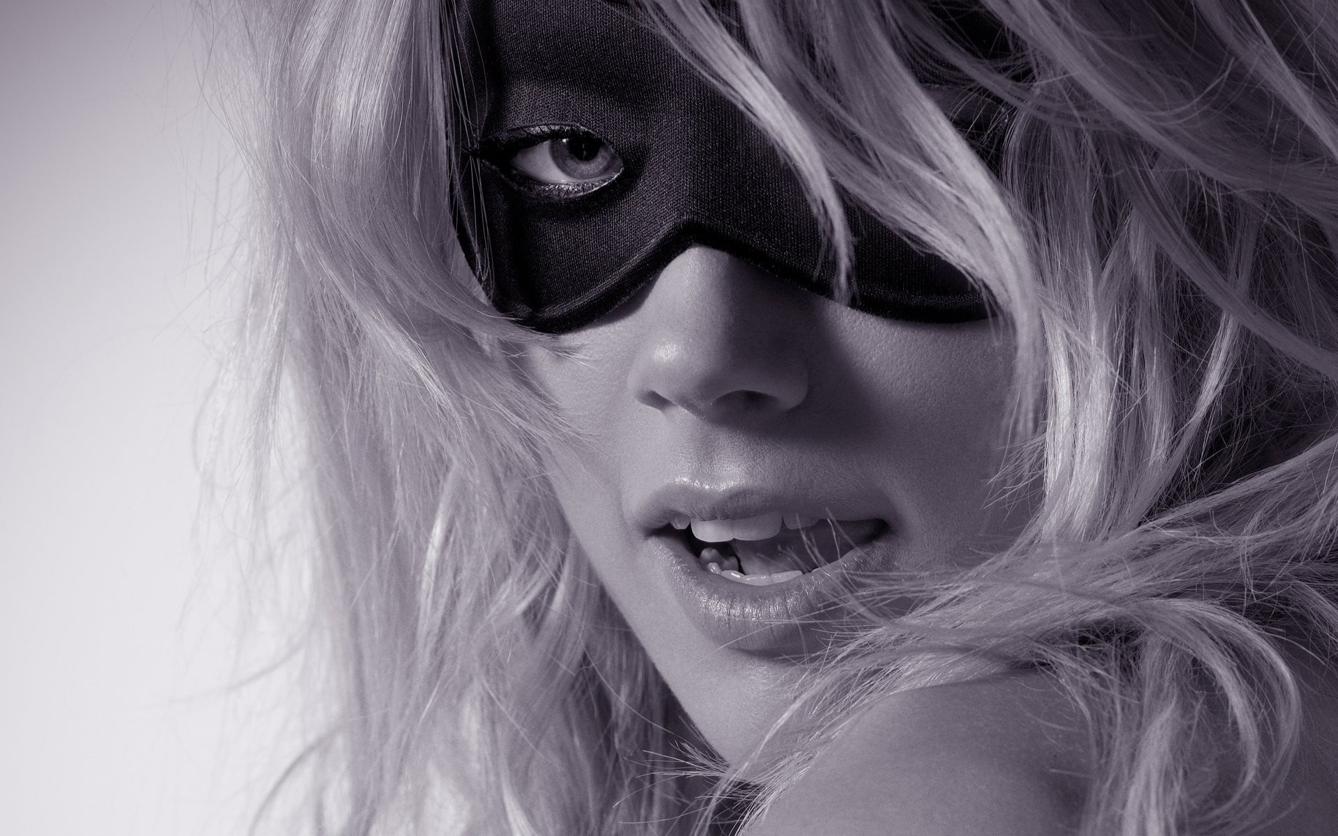 women Amber Heard mask monochrome looking at viewer open mouth