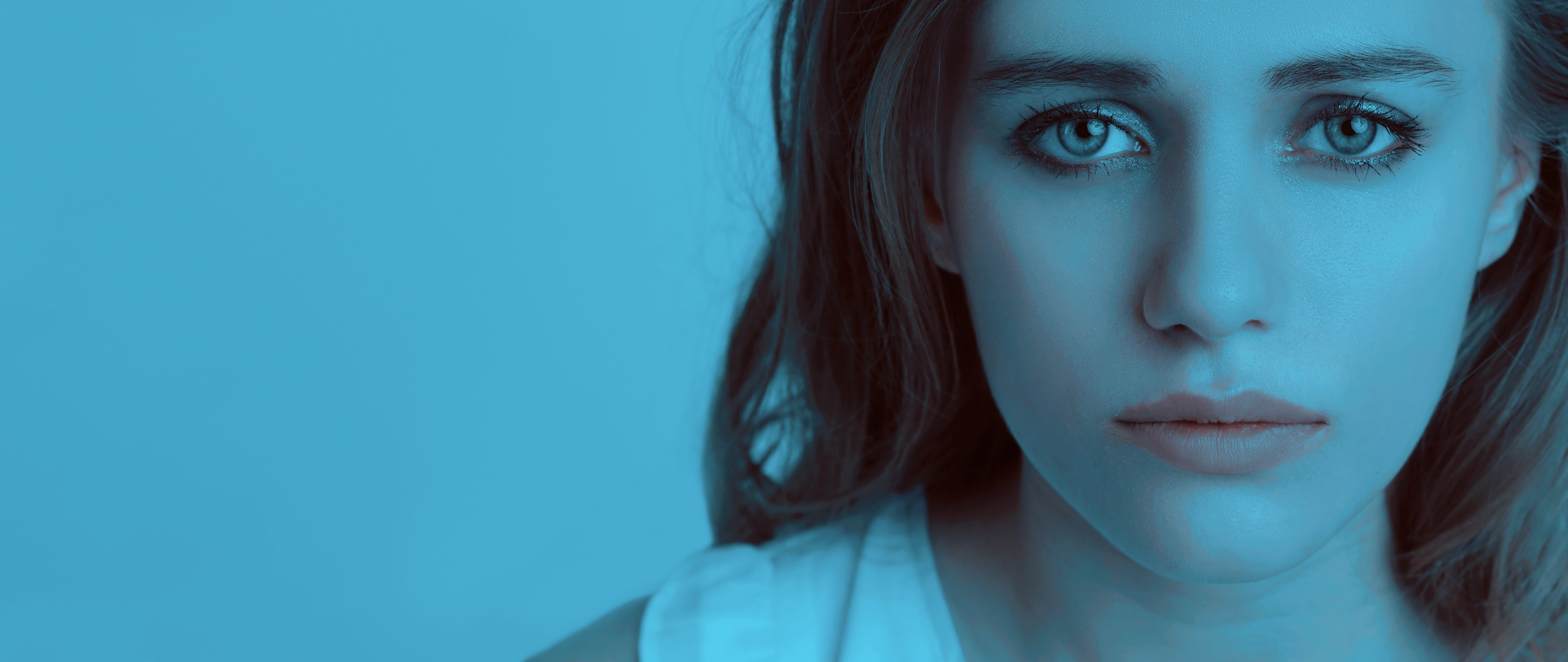 woman wearing white shirt with blue background sad girl crying 28 2k 4k 5k