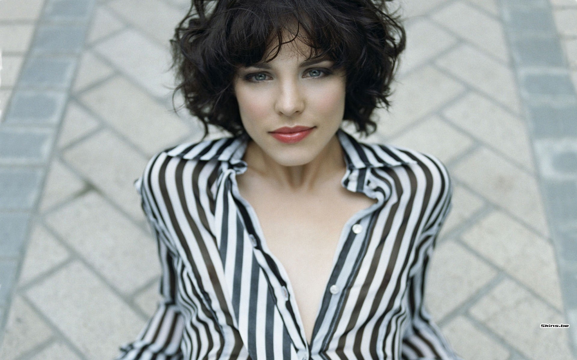 women Rachel McAdams blouses unfastened striped clothing