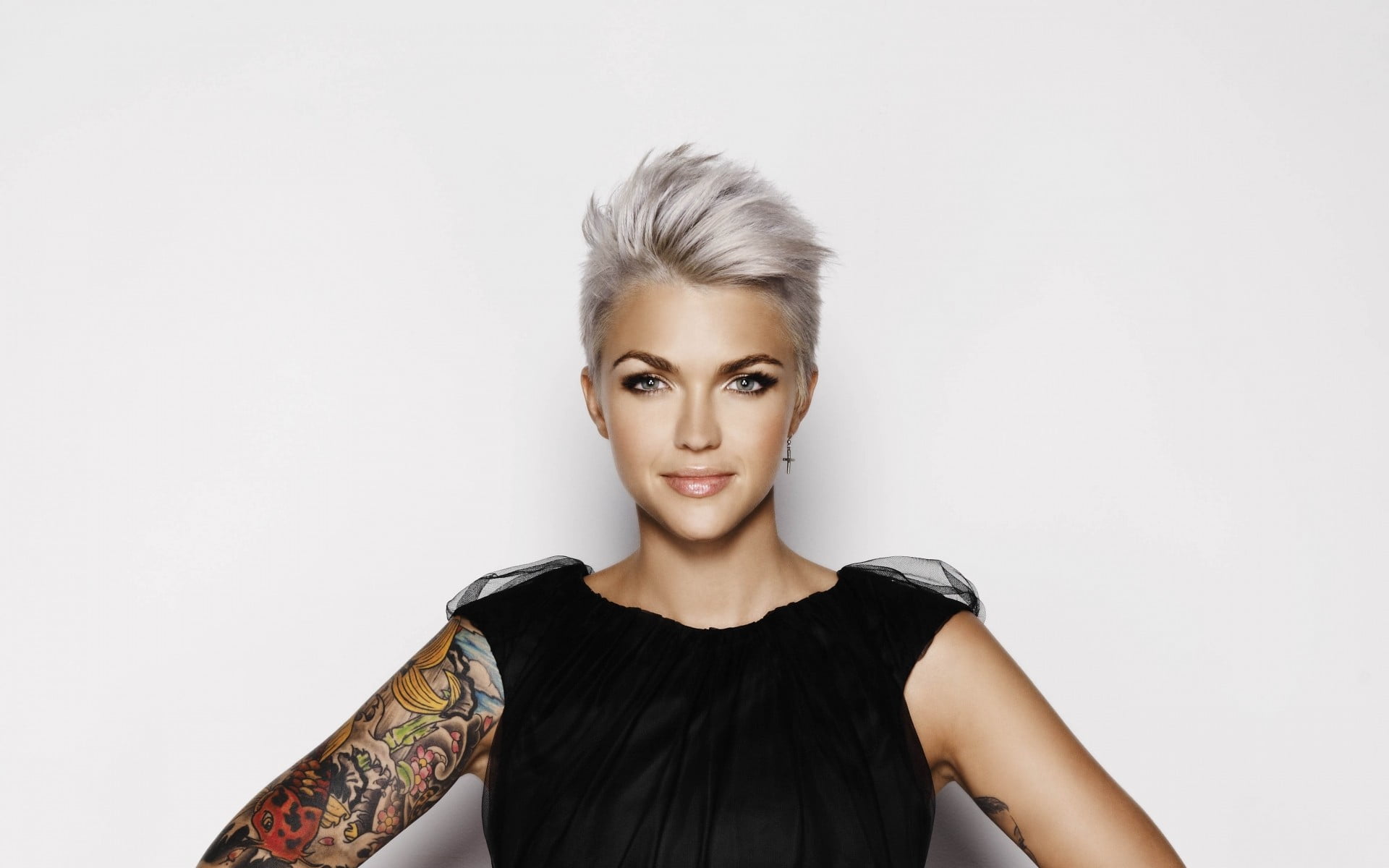 women's black sleeveless top Ruby Rose actress tattoo simple background