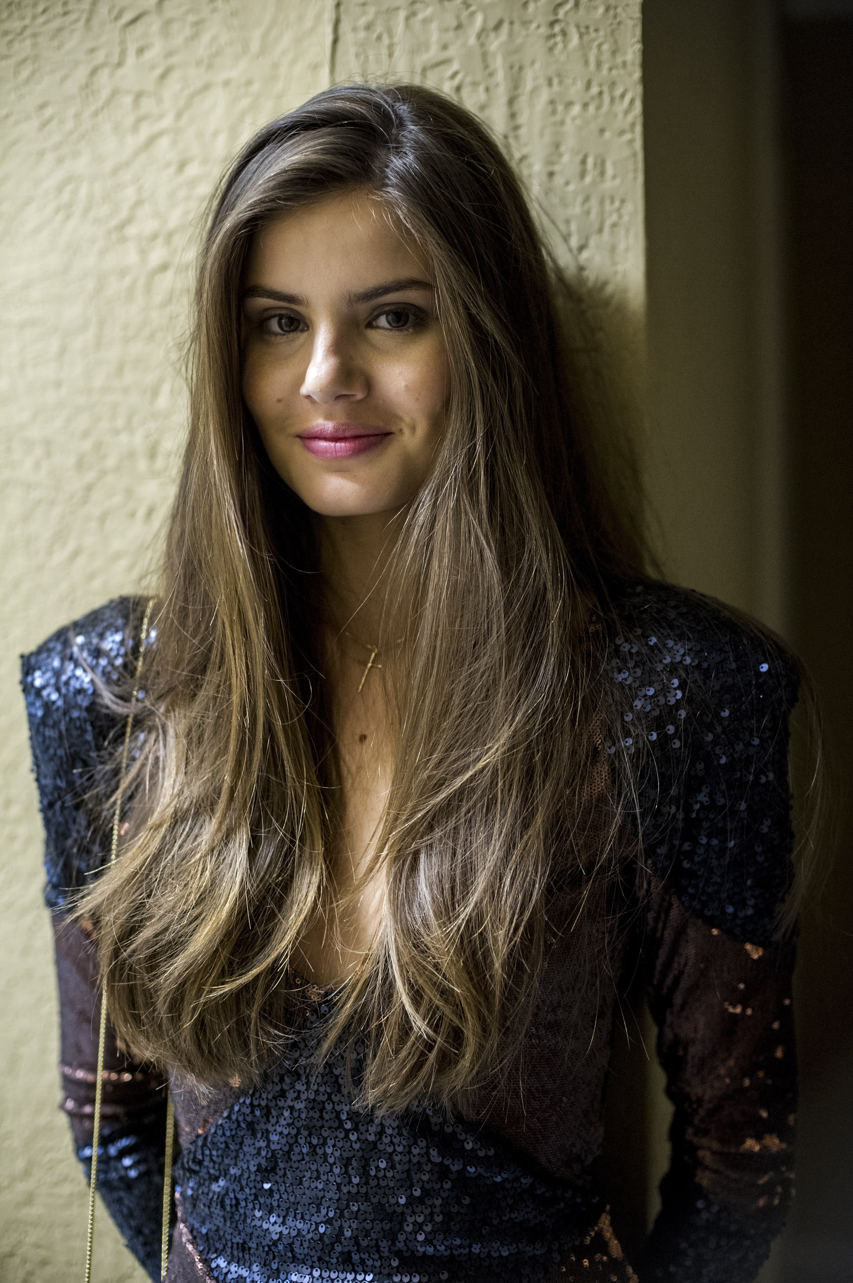 women's blue sequin deep V neck long sleeved top actress brunette 2k