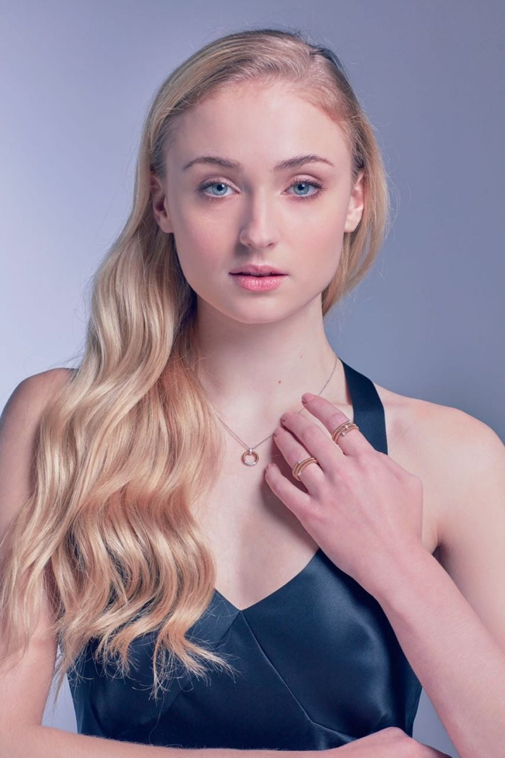 women's blue sleeveless top Sophie Turner actress blonde eyes 83