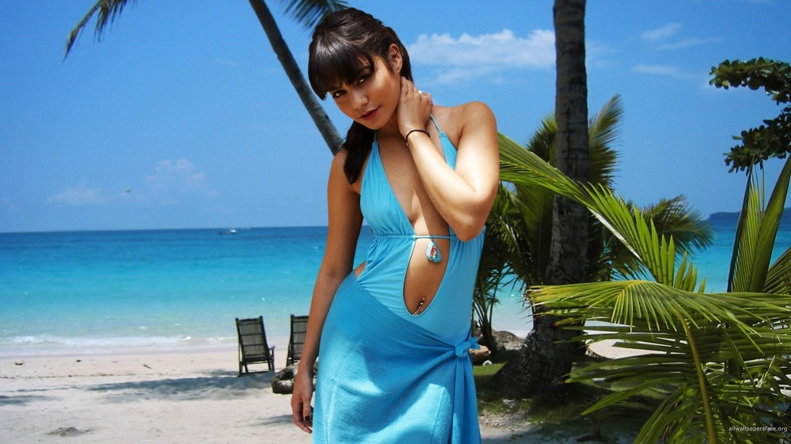 women's blue top Vanessa Hudgens looking at viewer piercing