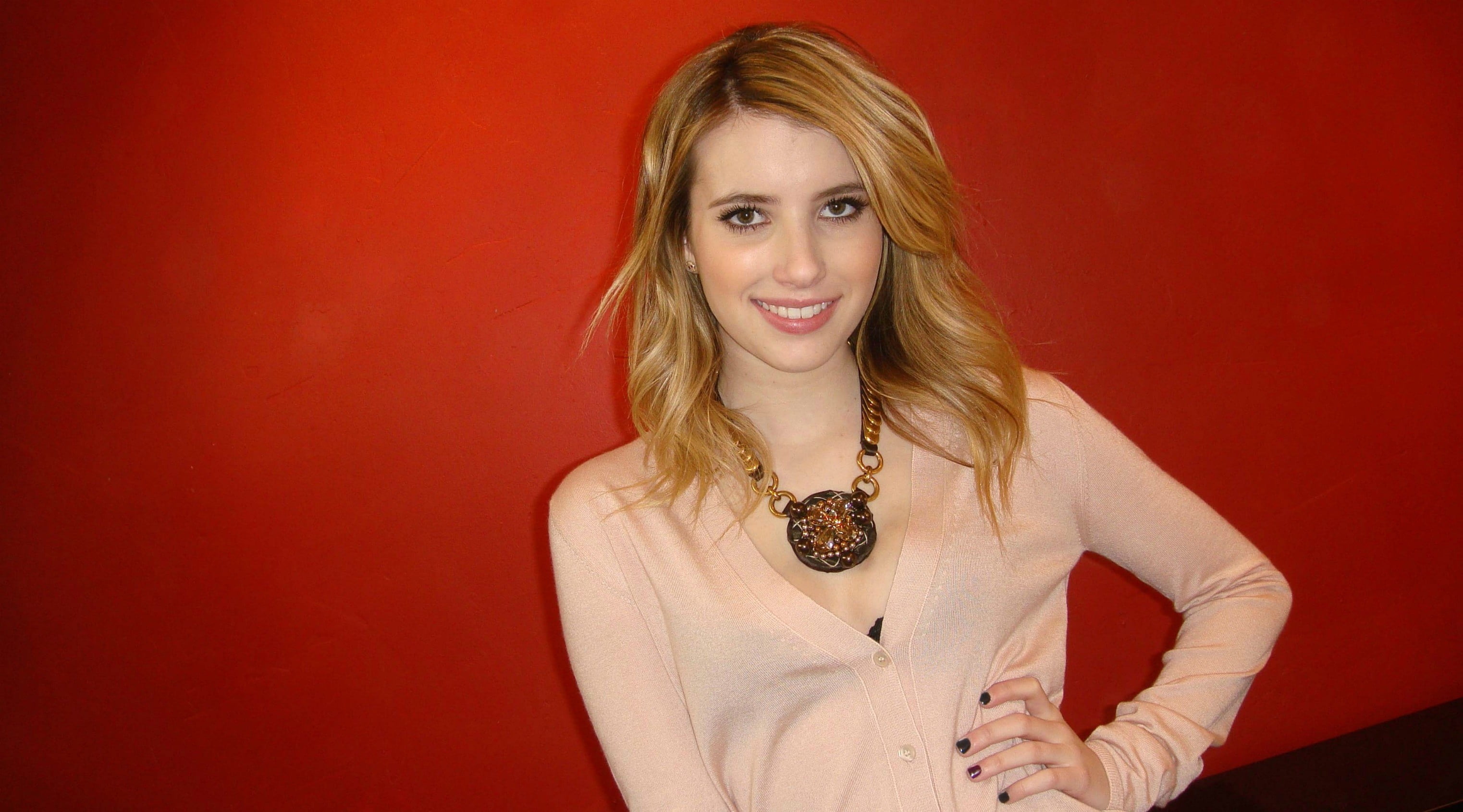 women's pink cardigan Emma Roberts actress simple background 79 2k