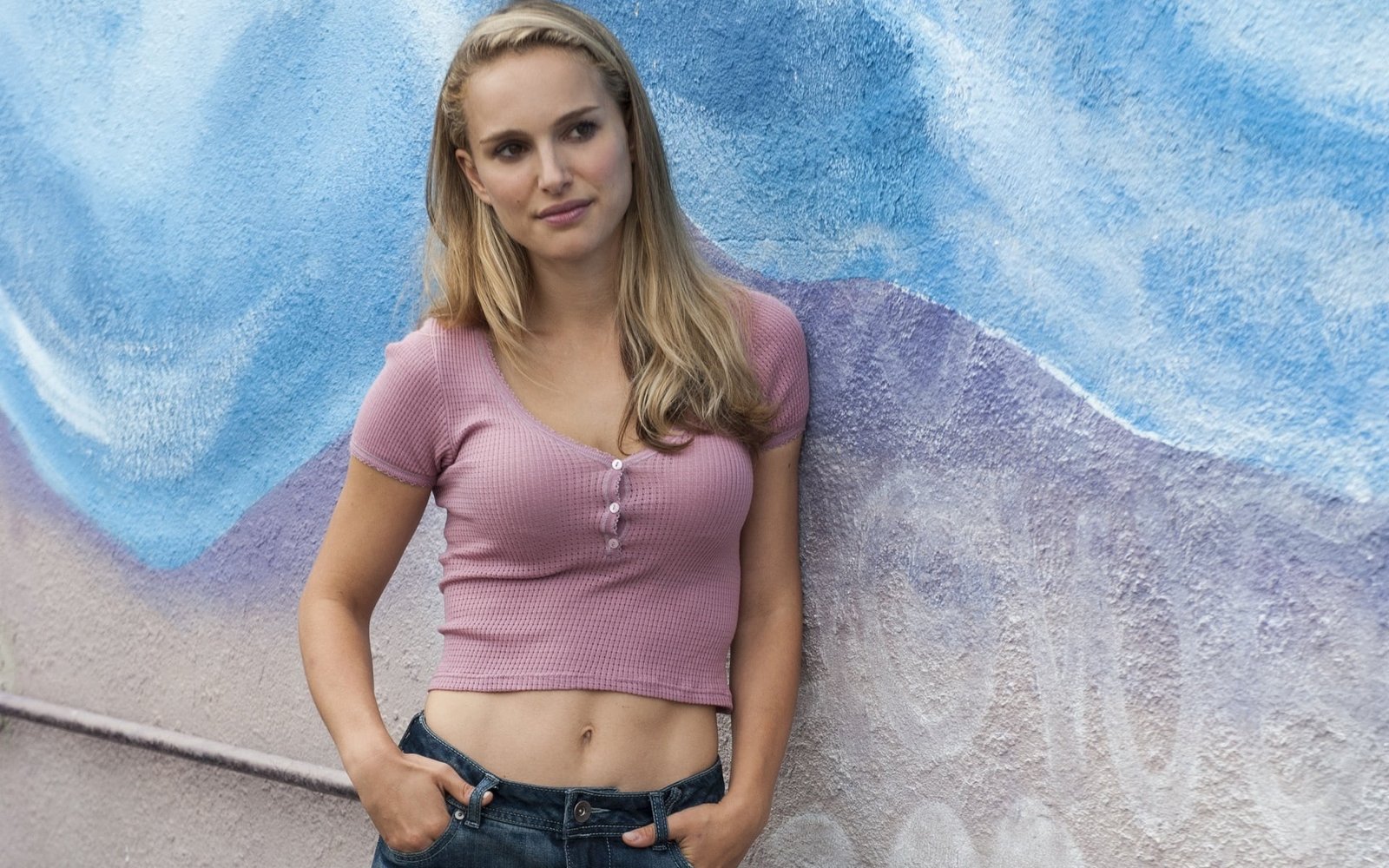 women's pink half button short sleeved crop top Natalie Portman