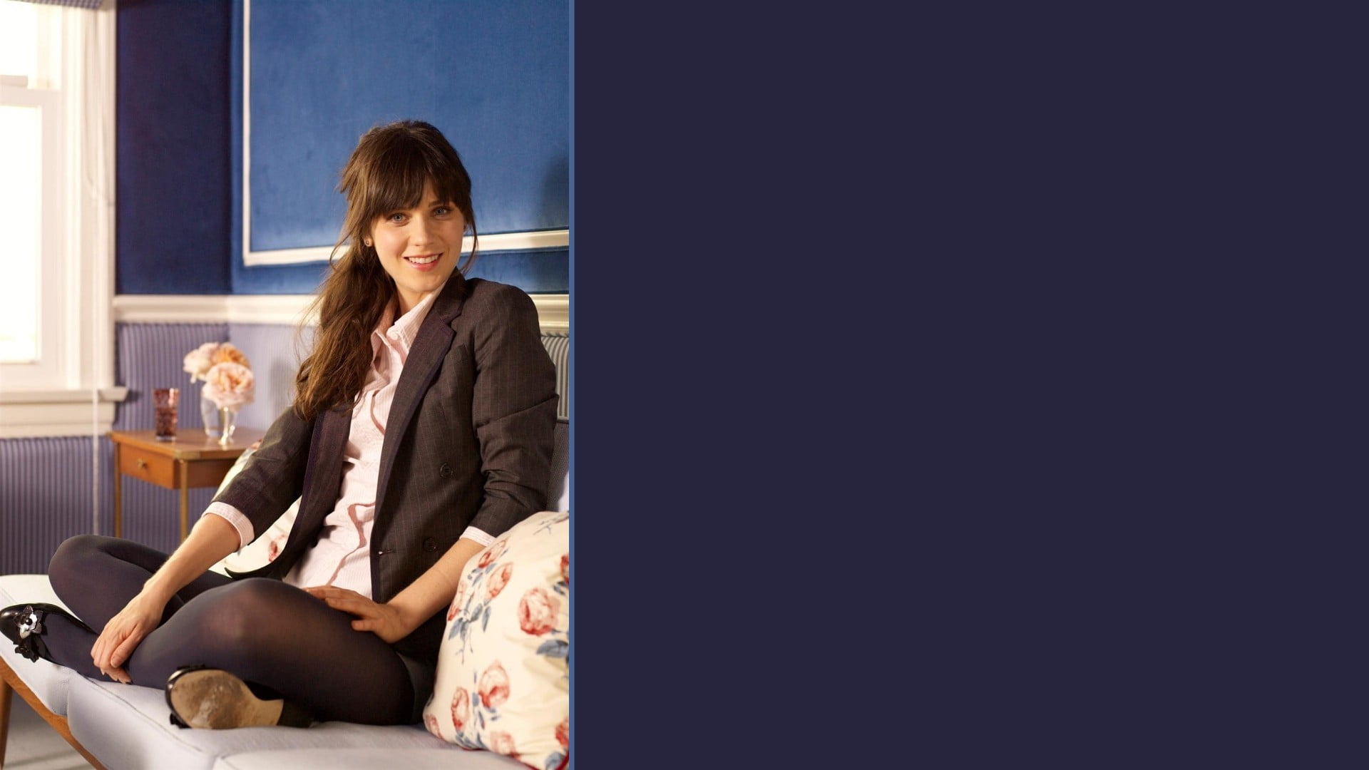 Zooey Deschanel women actress smiling sitting copy space