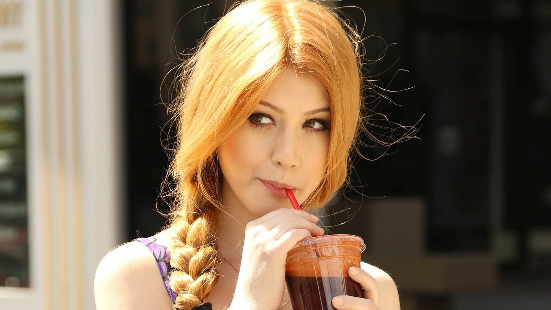 women's purple tank top redhead Katherine Mcnamara braids