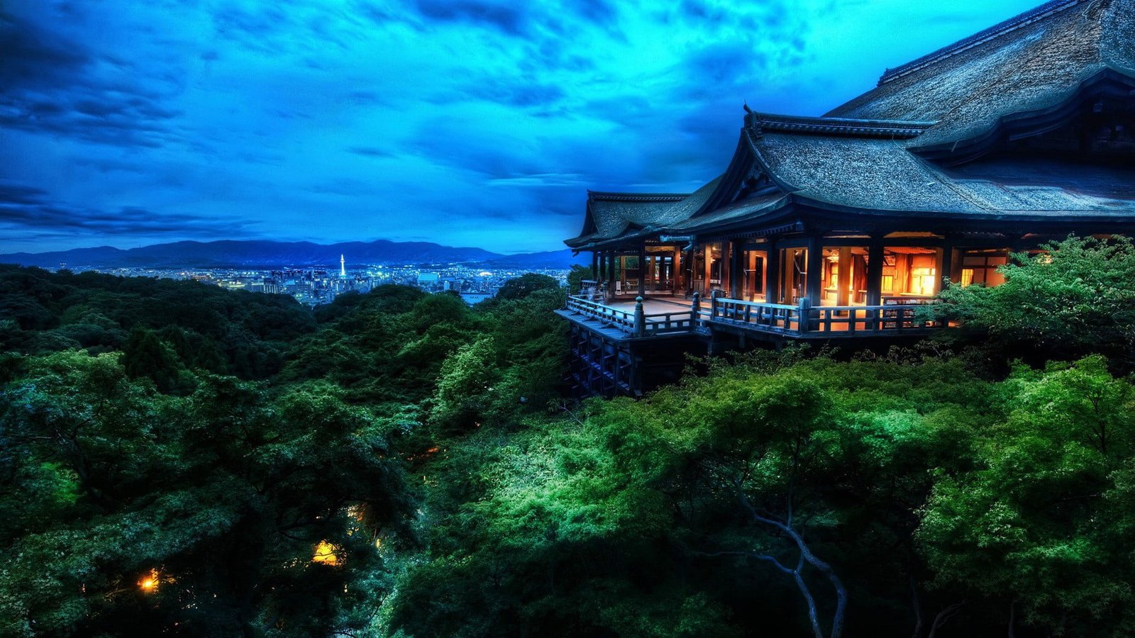art of tree house night forest trees clouds Japan Kyoto 2k