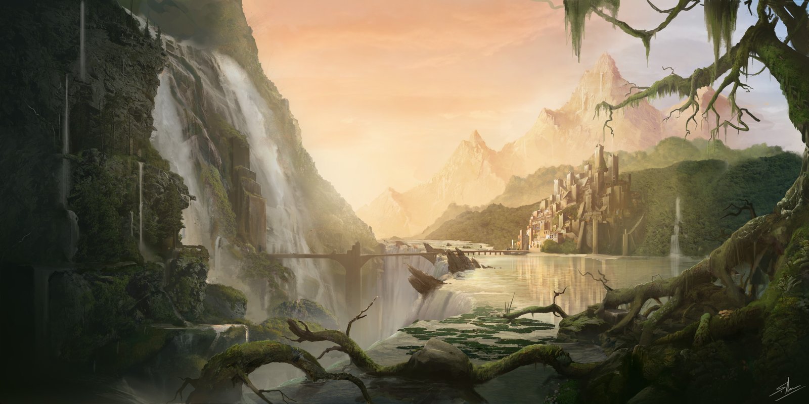 forest city matte painting village river art 2k 4k 5k 8k